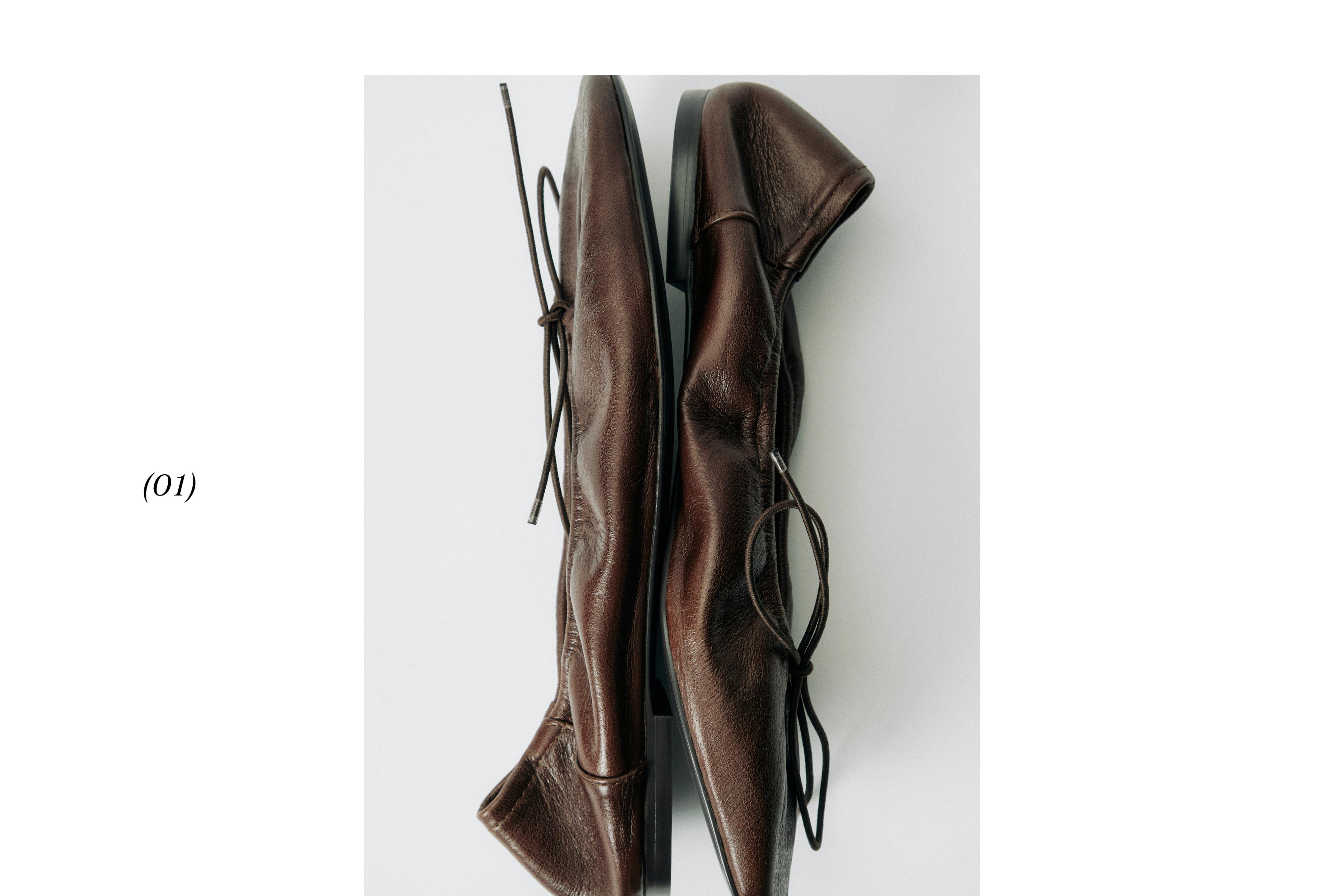 Gathered ballet flats with bow — BROWN