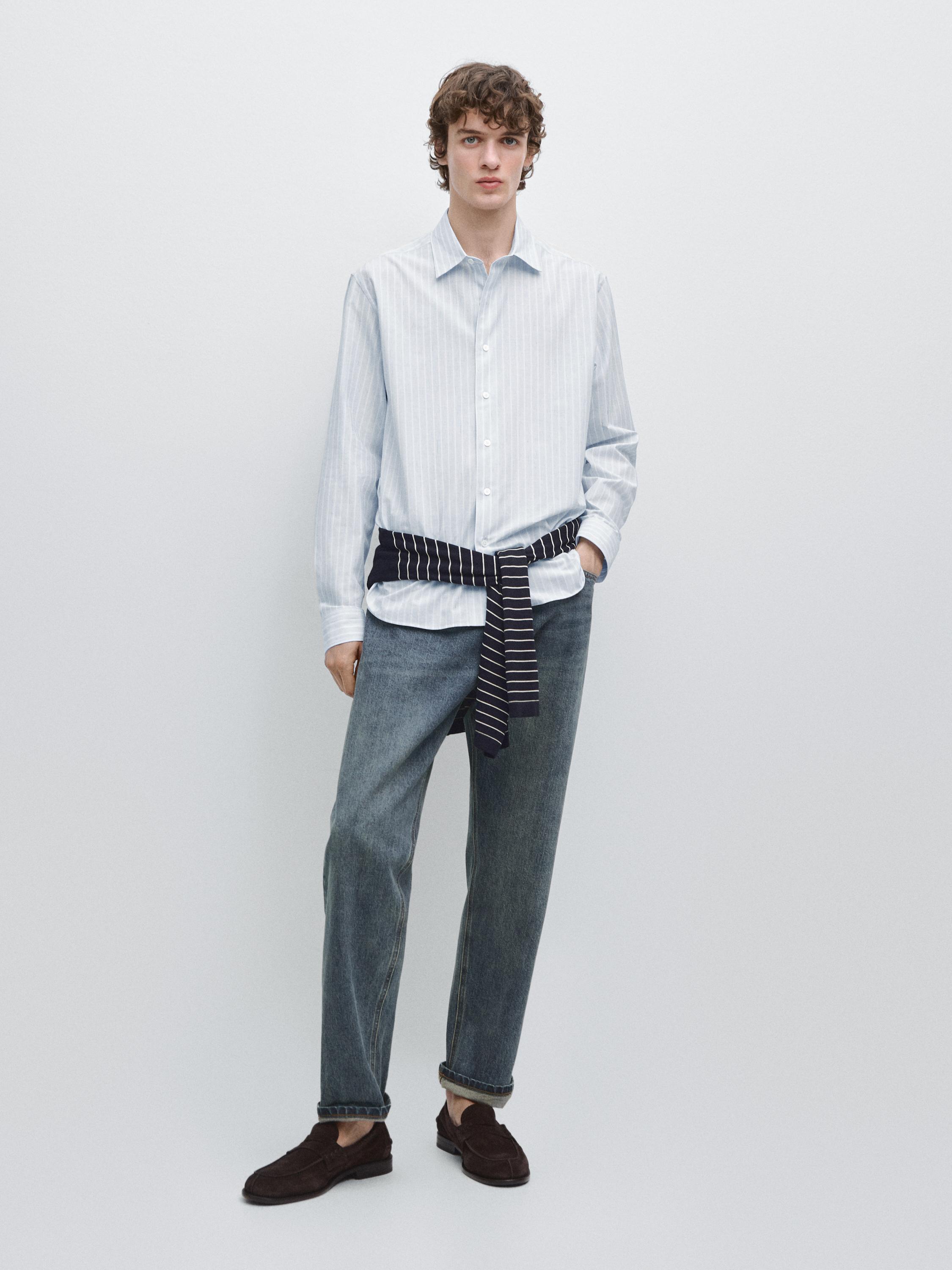Cotton blend regular fit striped shirt — SKY BLUE