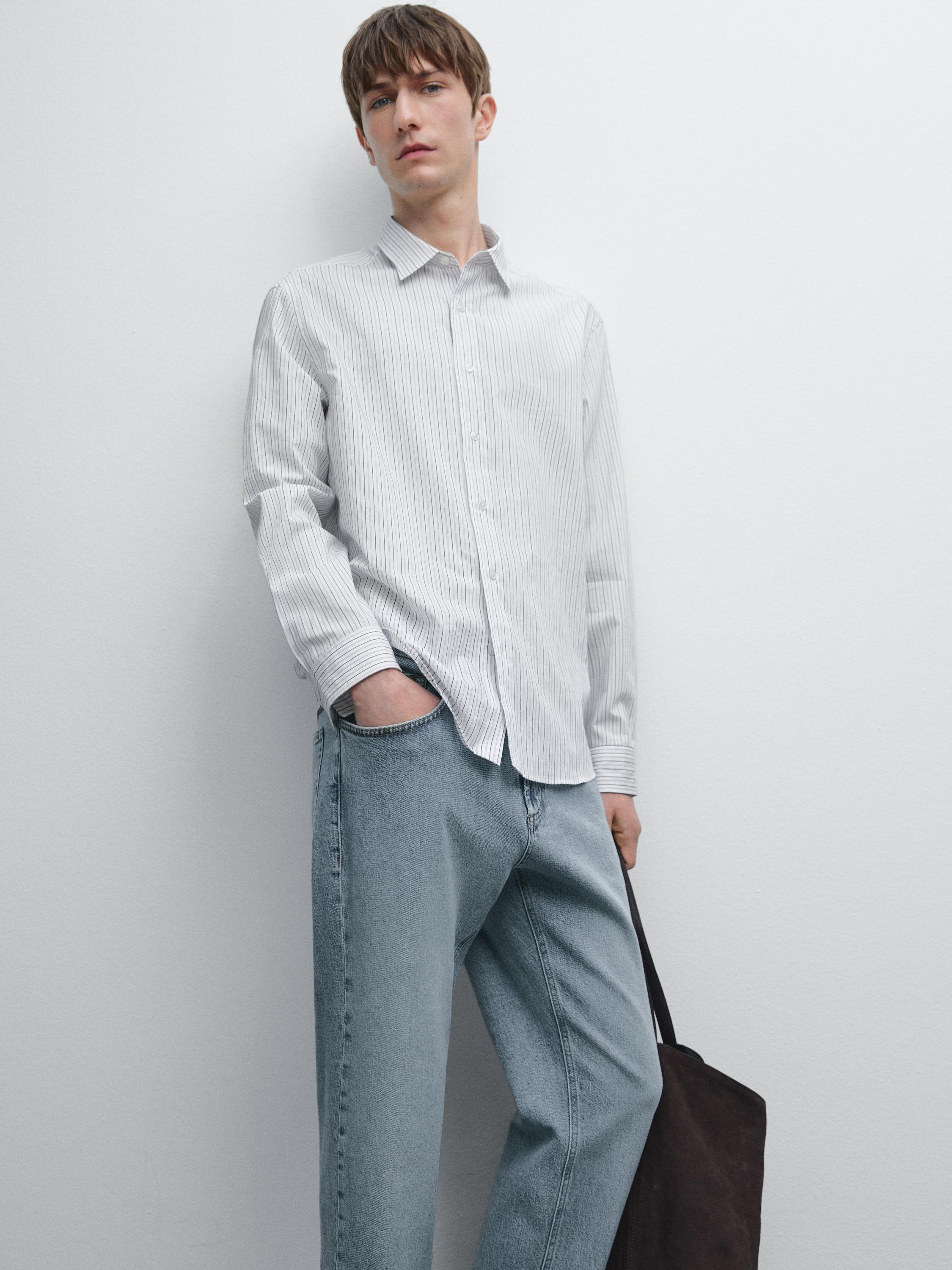 Chemise regular fit à rayures en coton mélangé