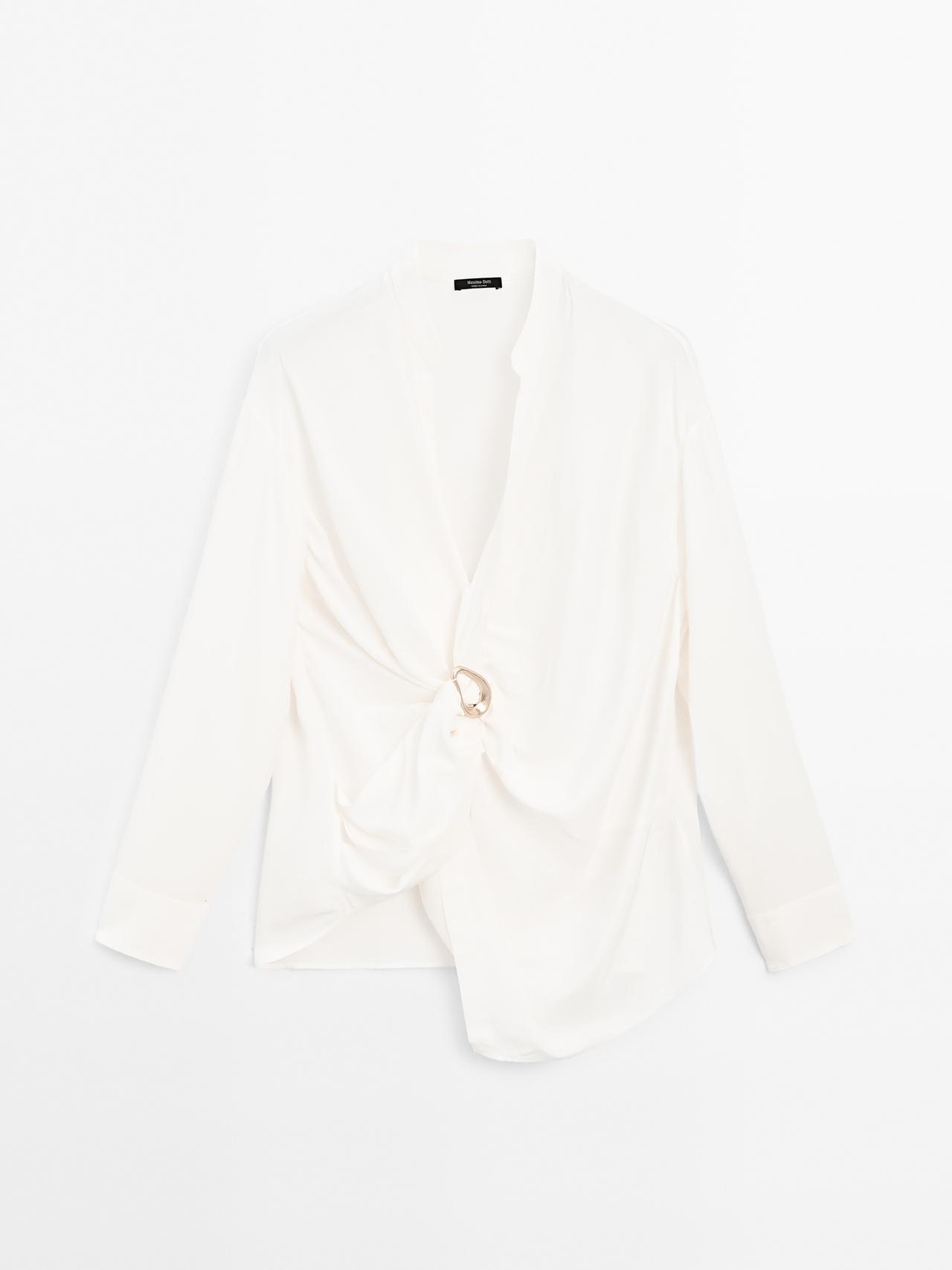 Massimo Dutti - Dame - Bluse Med Knude I Halsudskæringen Og Broche - Råhvid - S