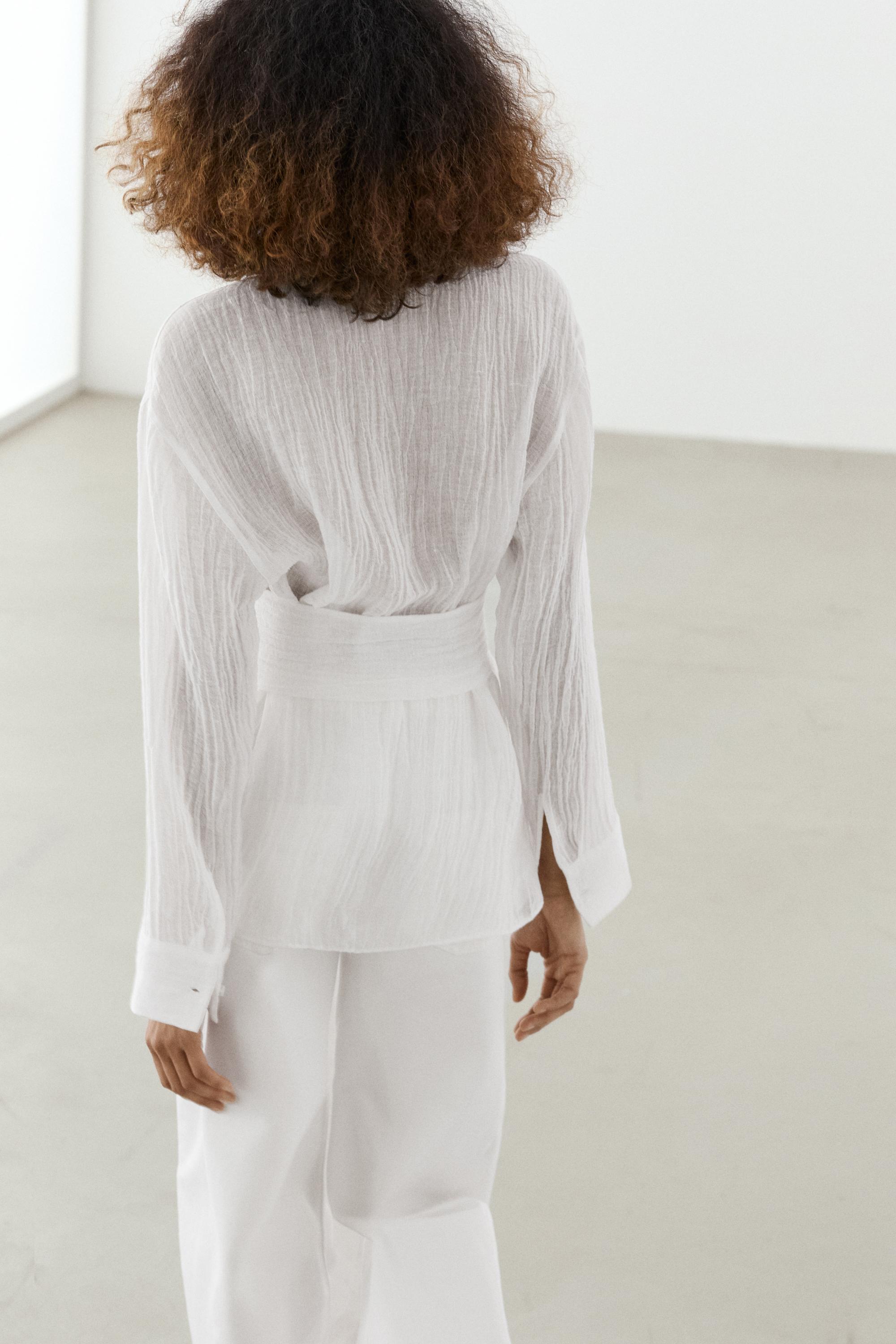 Linen blend blouse with sash belt — WHITE
