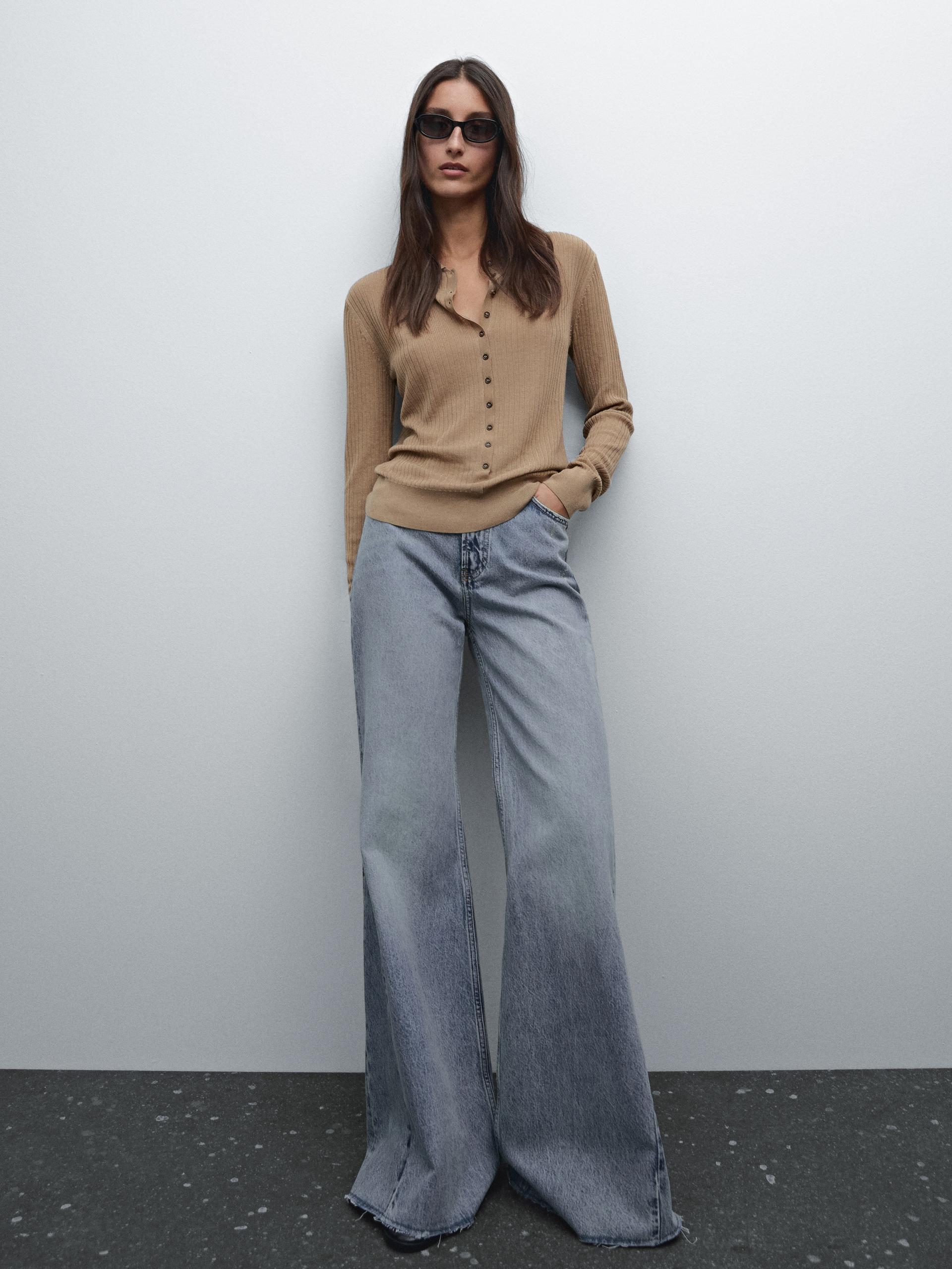 Sweter Z Prążkowanej Dzianiny Z Kołnierzykiem Polo I Guzikami - Wielbłądzi - L - Massimo Dutti - Kobieta