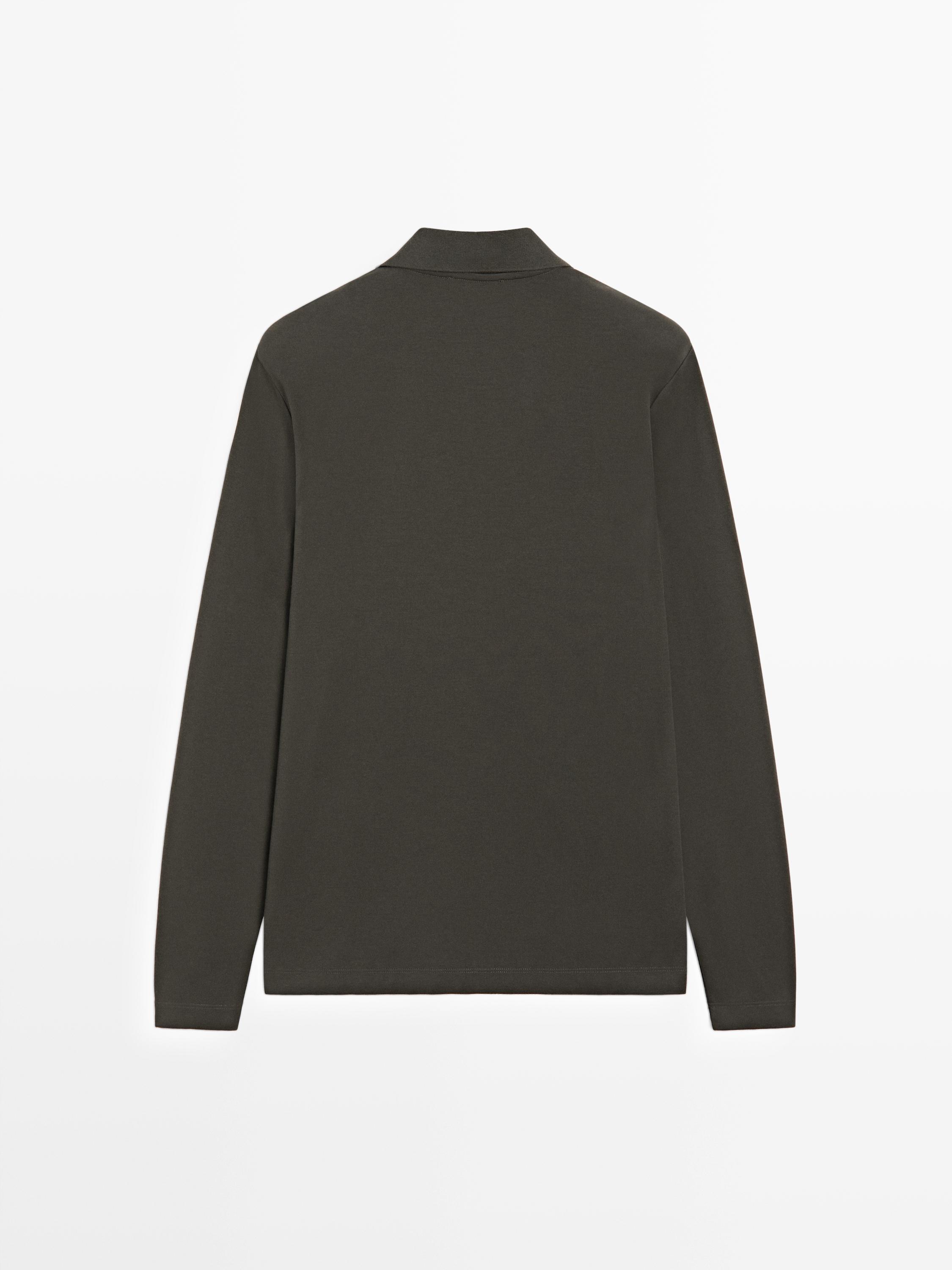 Long sleeve polo shirt with ribbed detail — CHARCOAL GREY
