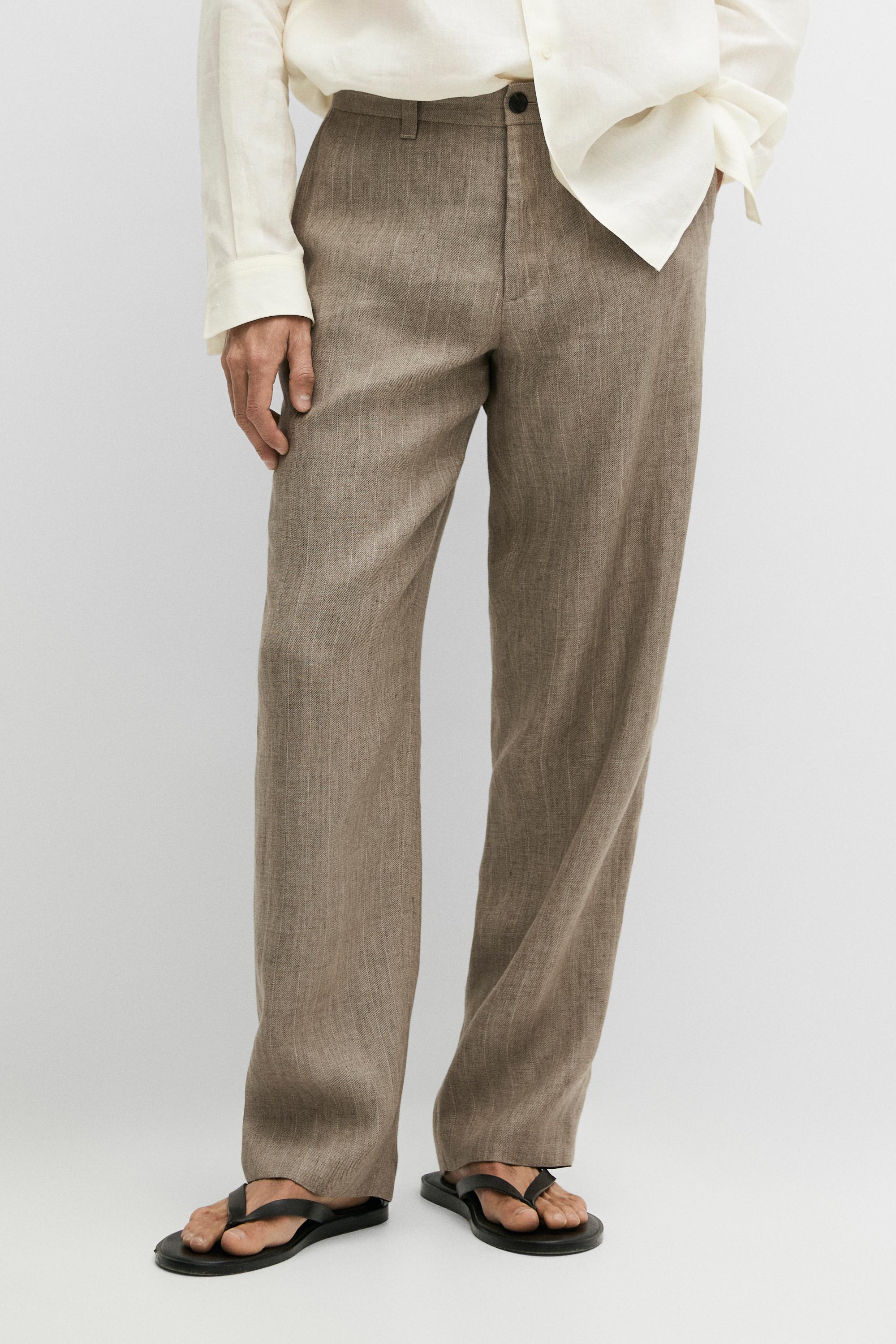 100% linen striped trousers — BEIGE
