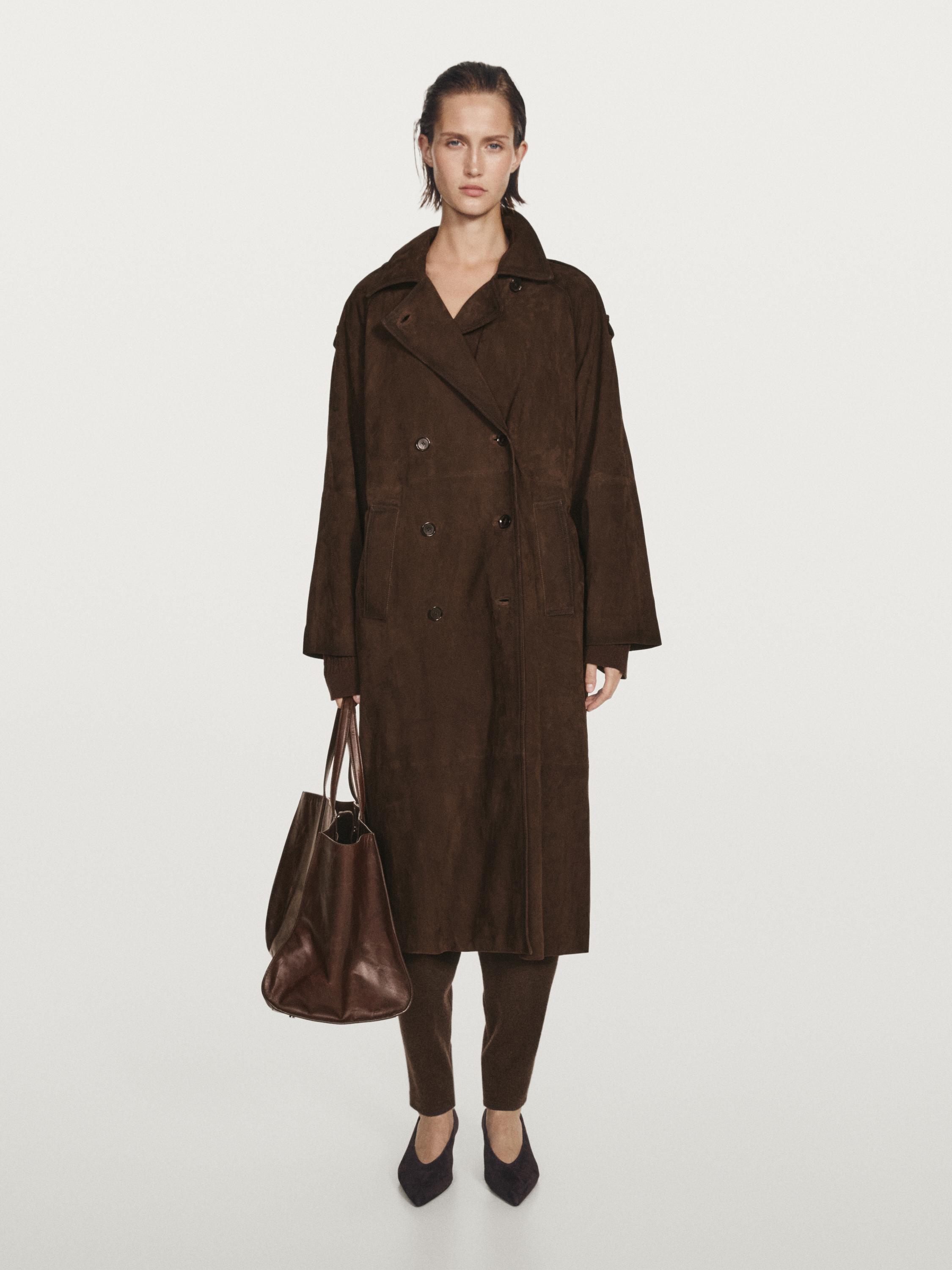 Long suede leather trench coat