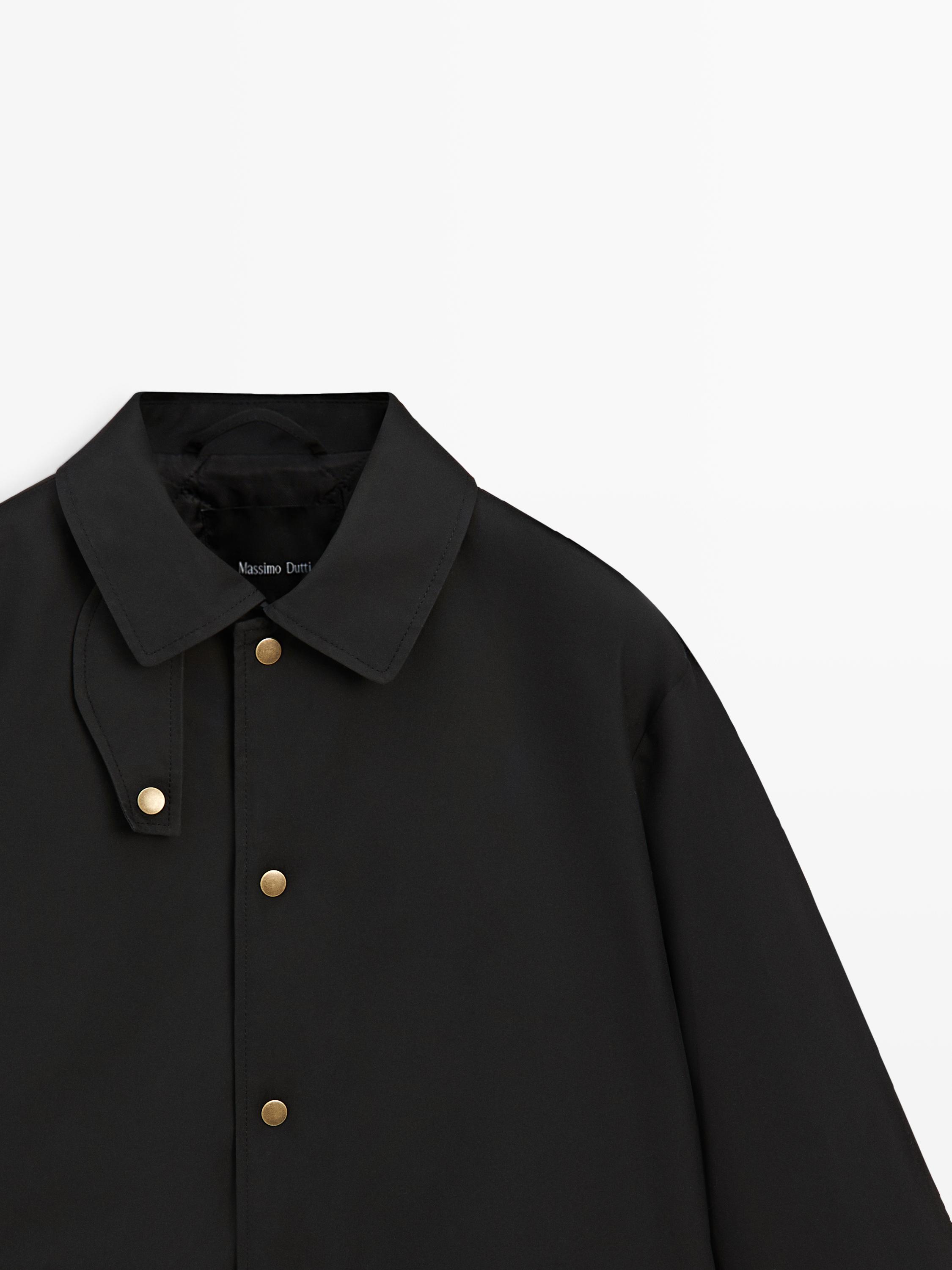 Long cotton parka with collar detail — BLACK