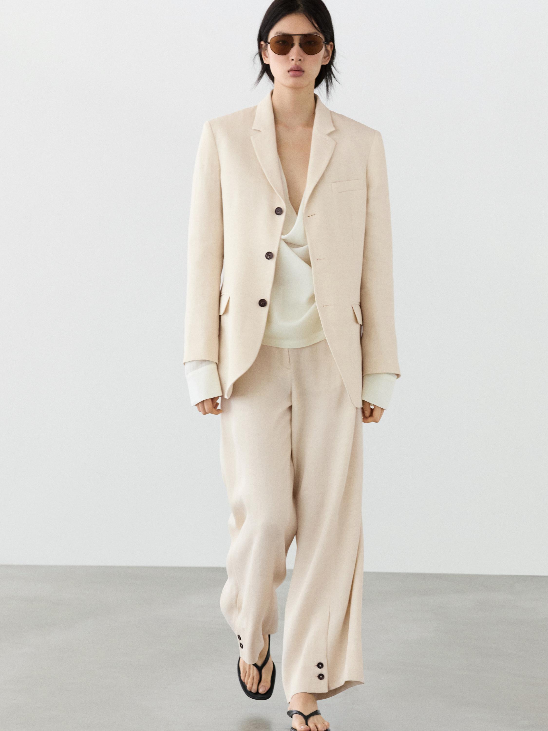 Linen blend suit trousers with button detail — CREAM