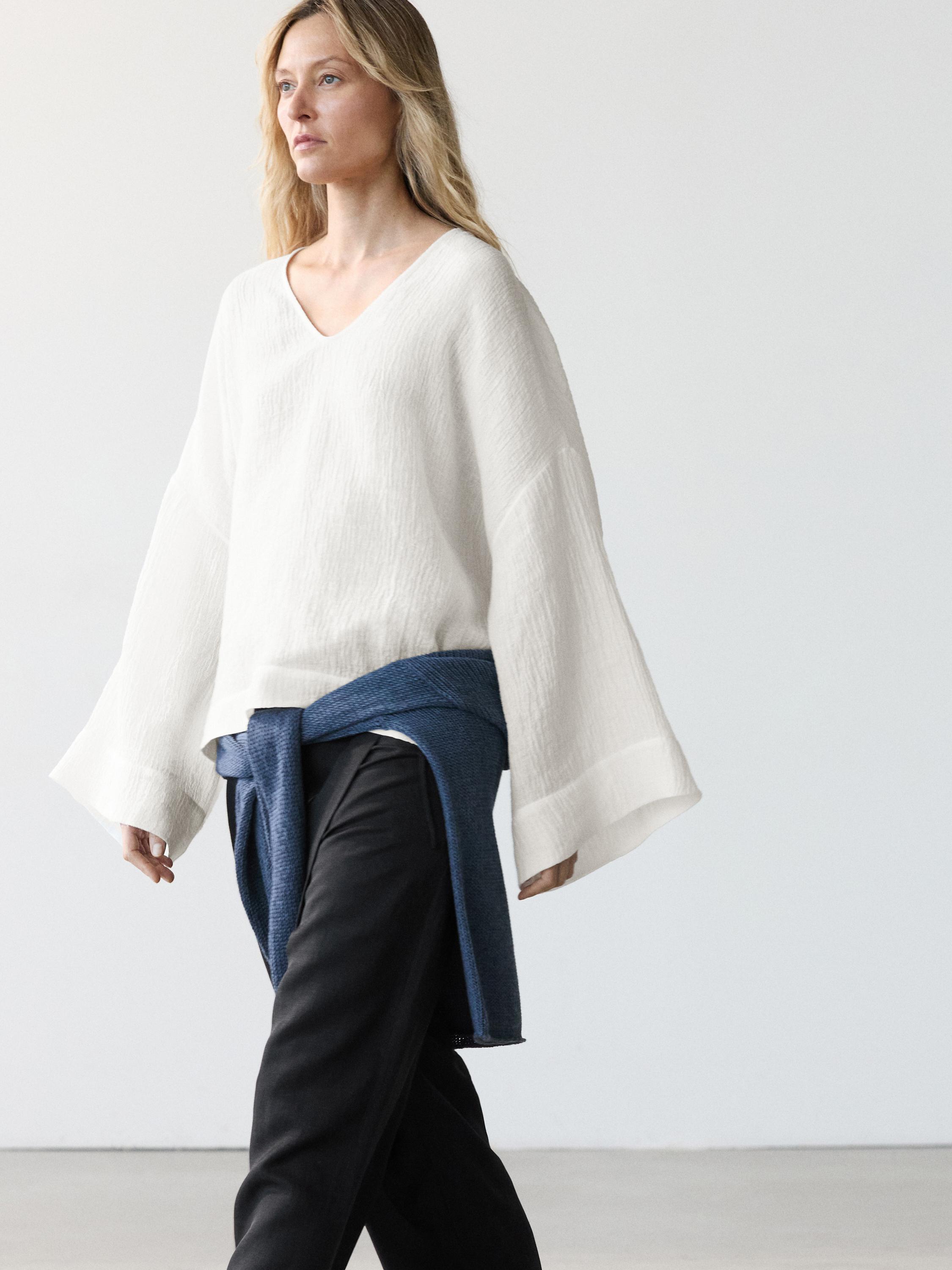Flowing linen blend trousers — BLACK