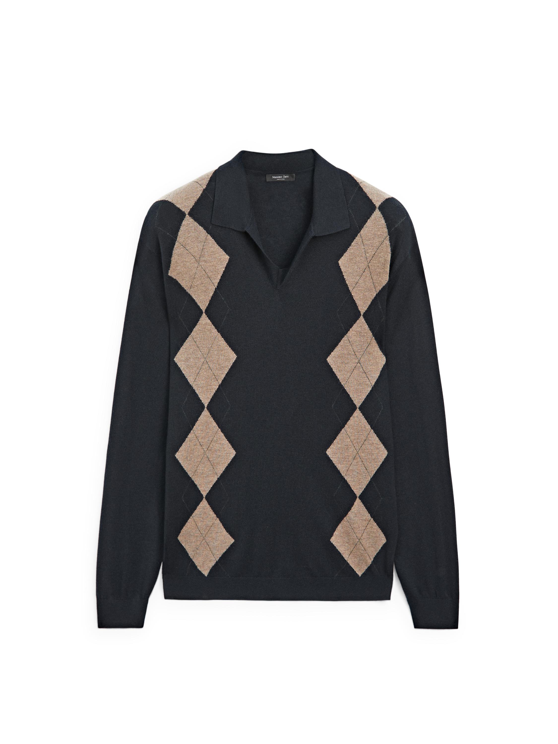 Wool blend argyle knit polo sweater — NAVY BLUE