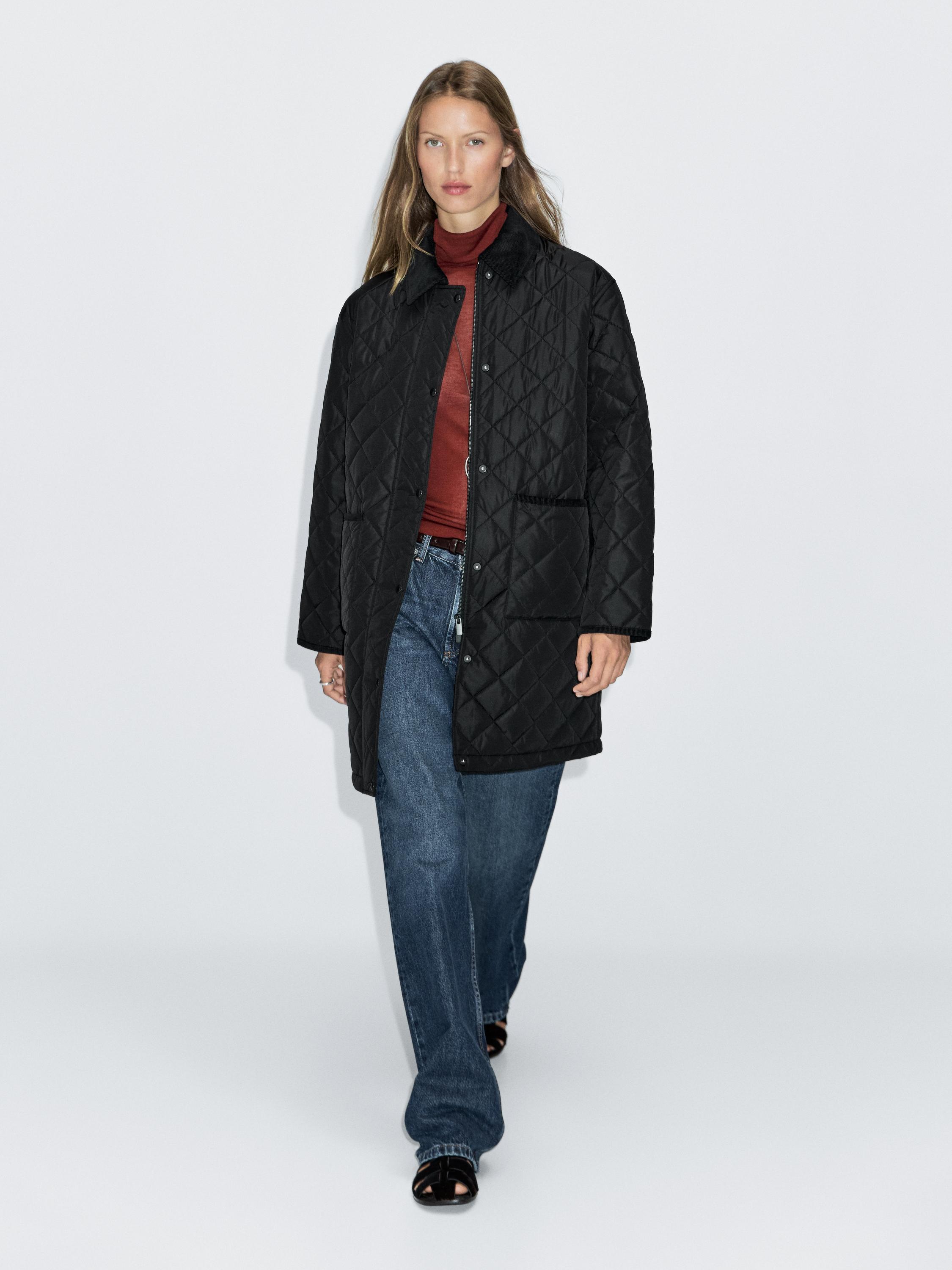 Long lightweight puffer jacket with corduroy detail