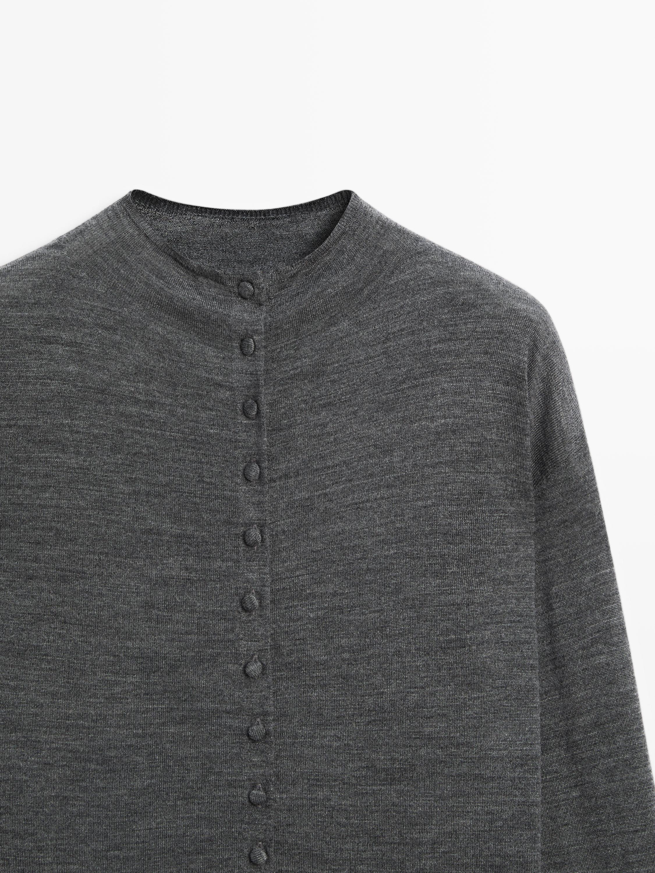 Mock turtleneck cardigan with covered buttons — MEDIUM GREY