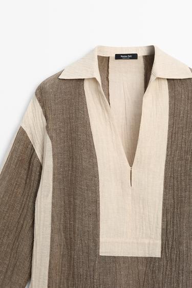 Flowing textured linen blend blouse — TAUPE GREY 4