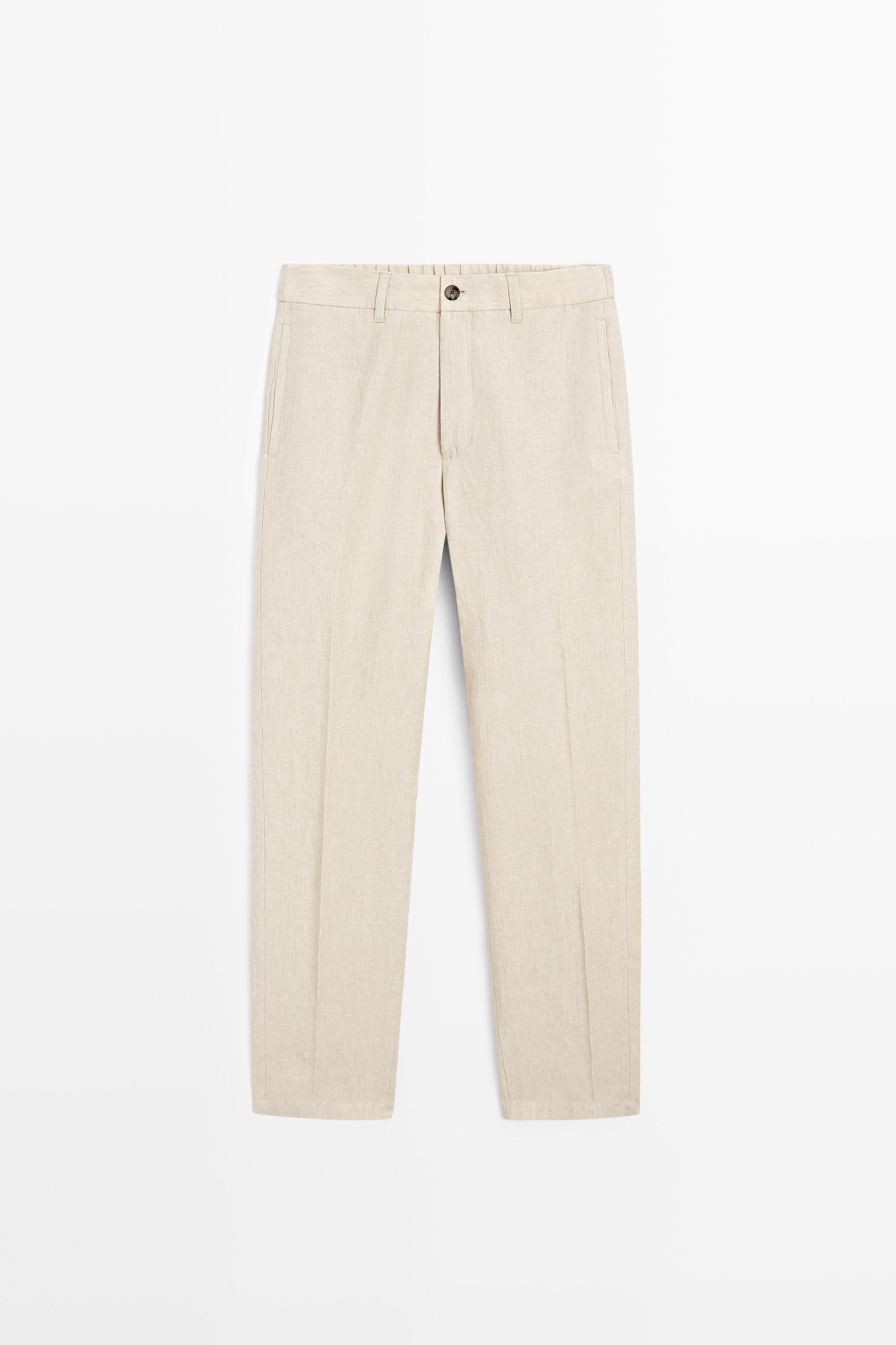100% Linen Elastic-Waist Pants — BEIGE