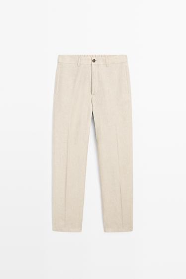 100% Linen Elastic-Waist Pants — BEIGE 2