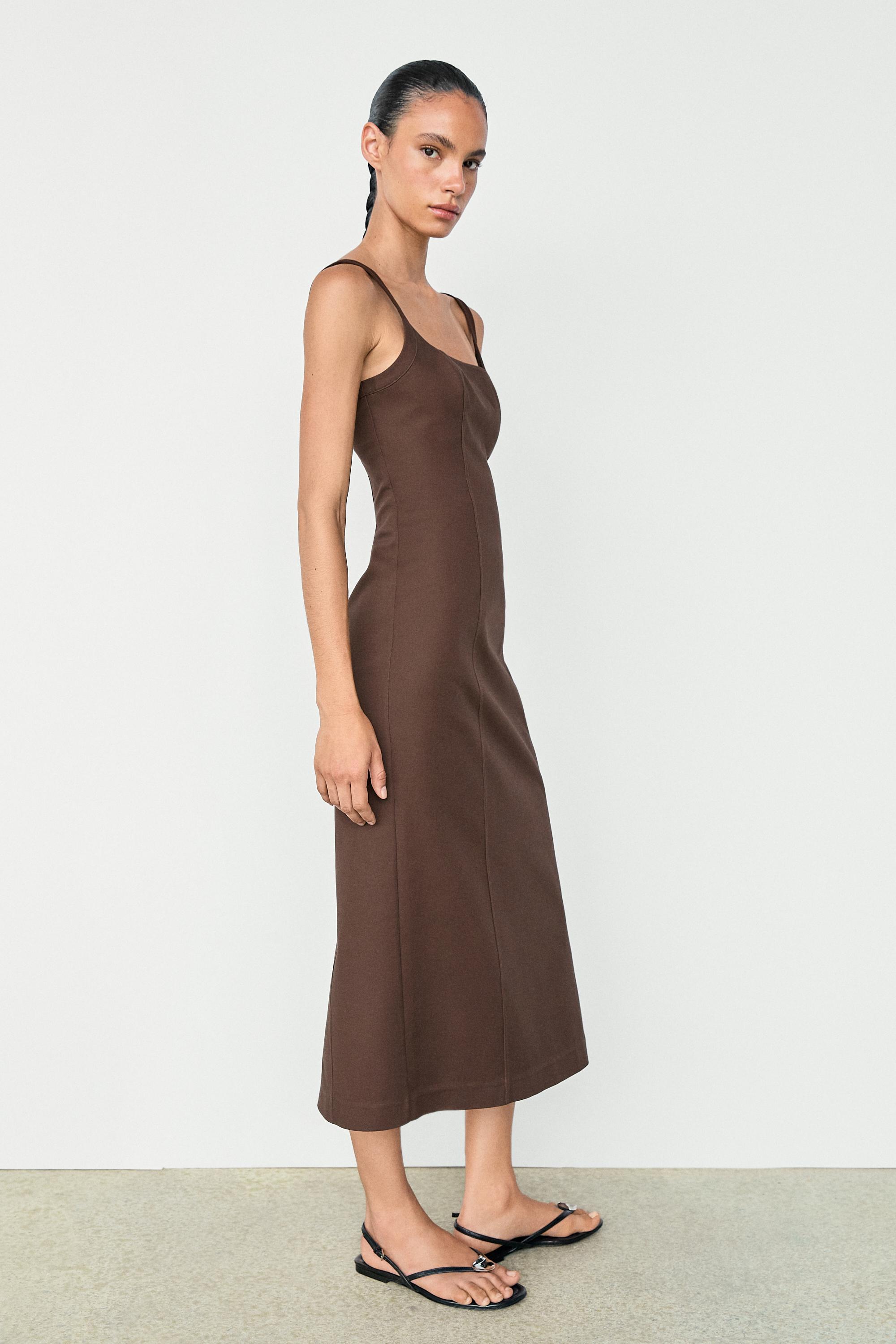 massimo dutti brown dress Cotton Blend Strappy Midi Dress - Brown - 4 - Massimo Dutti
