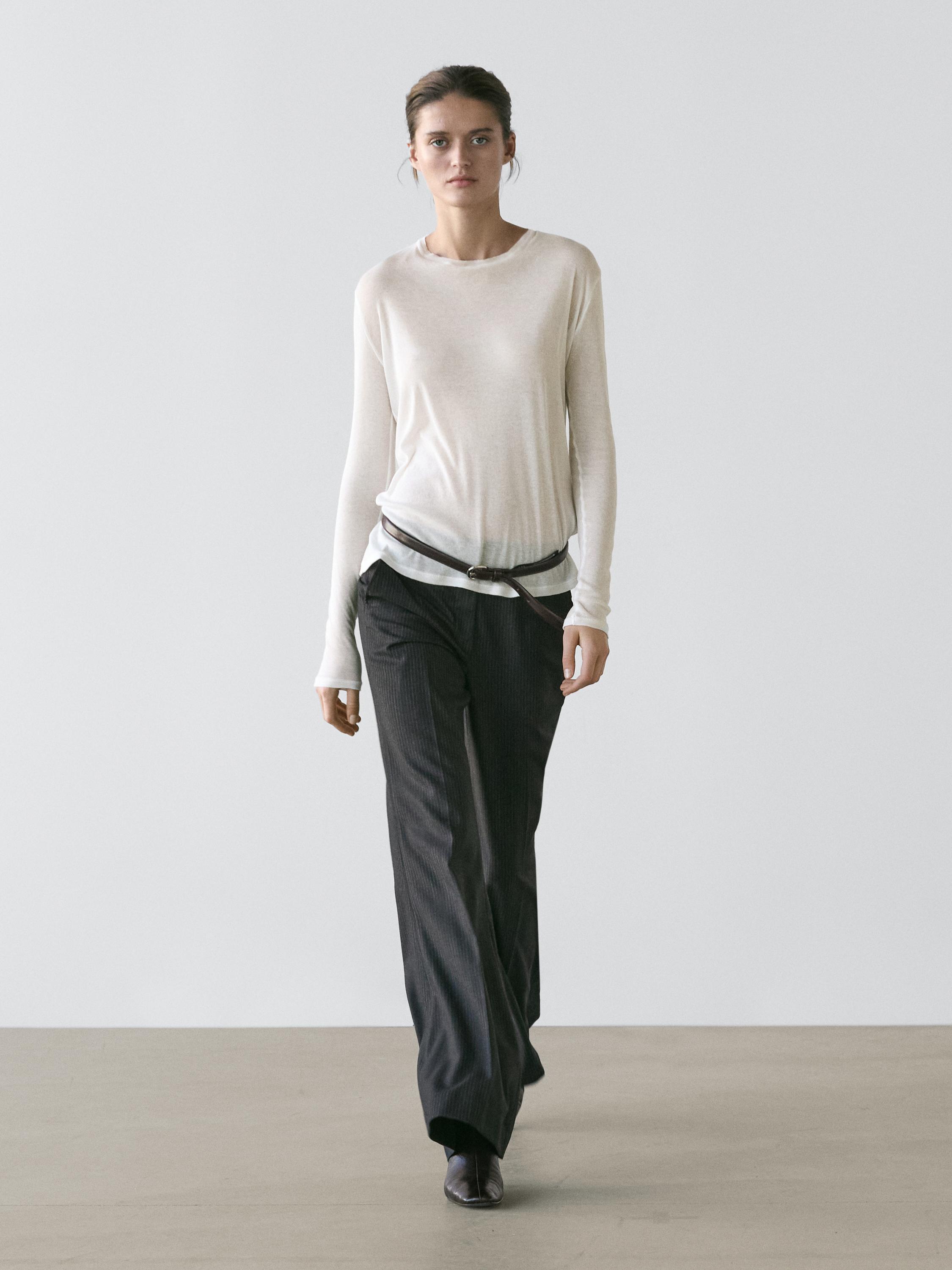 100% cotton semi-sheer T-shirt with collar detail — Off white