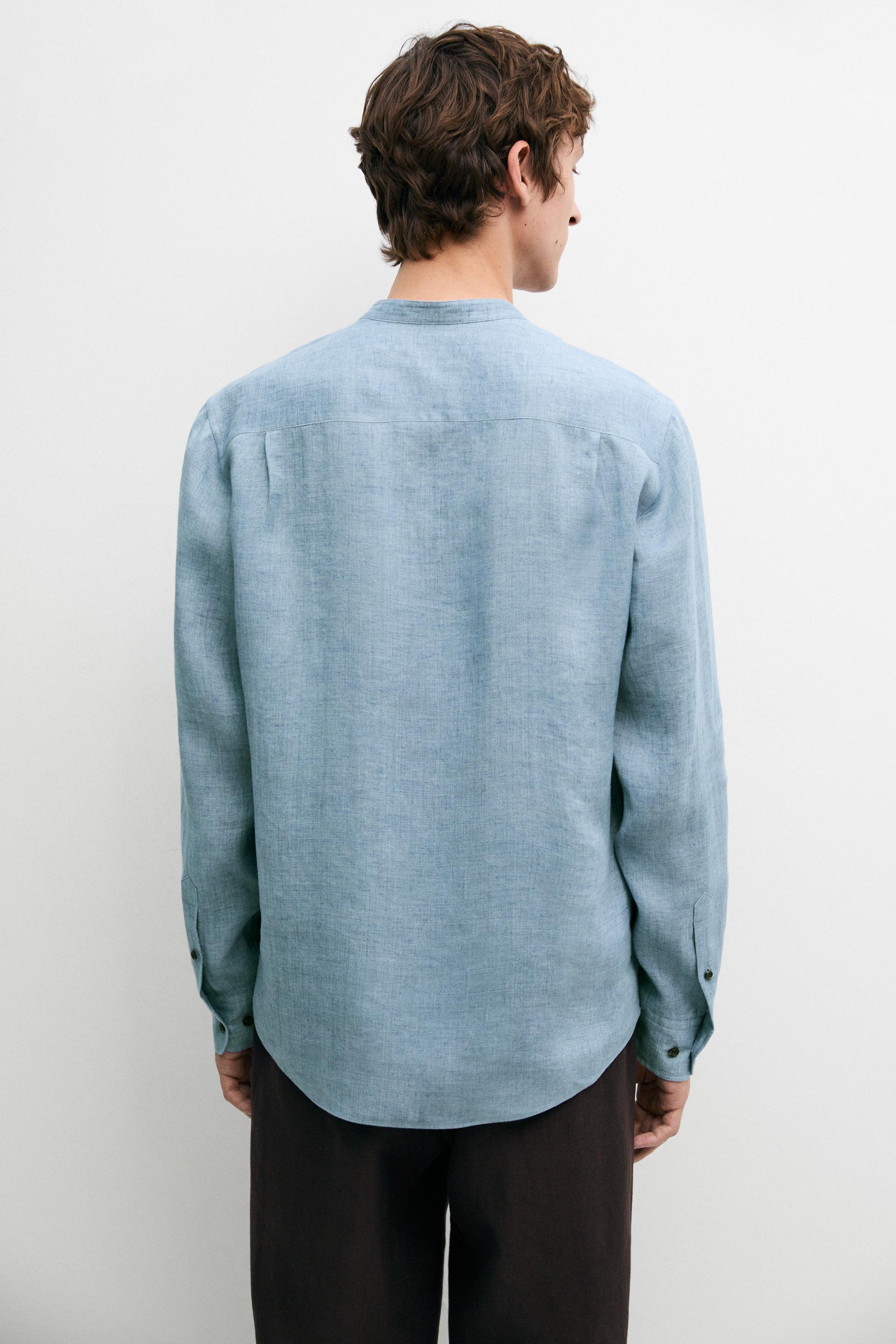 Regular fit contrast button 100% linen shirt — BLUE
