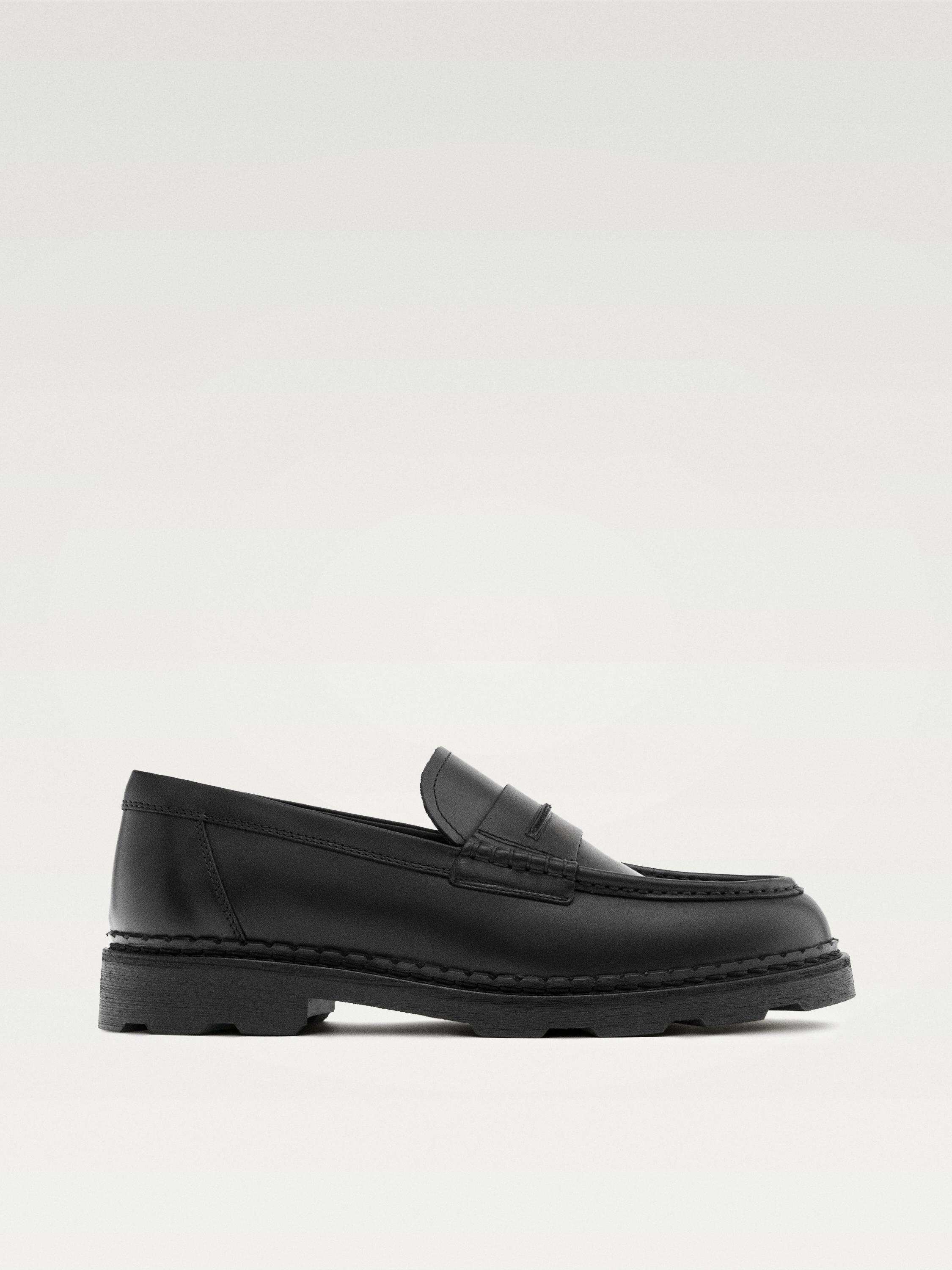 Leather track-sole loafers with penny strap — BLACK