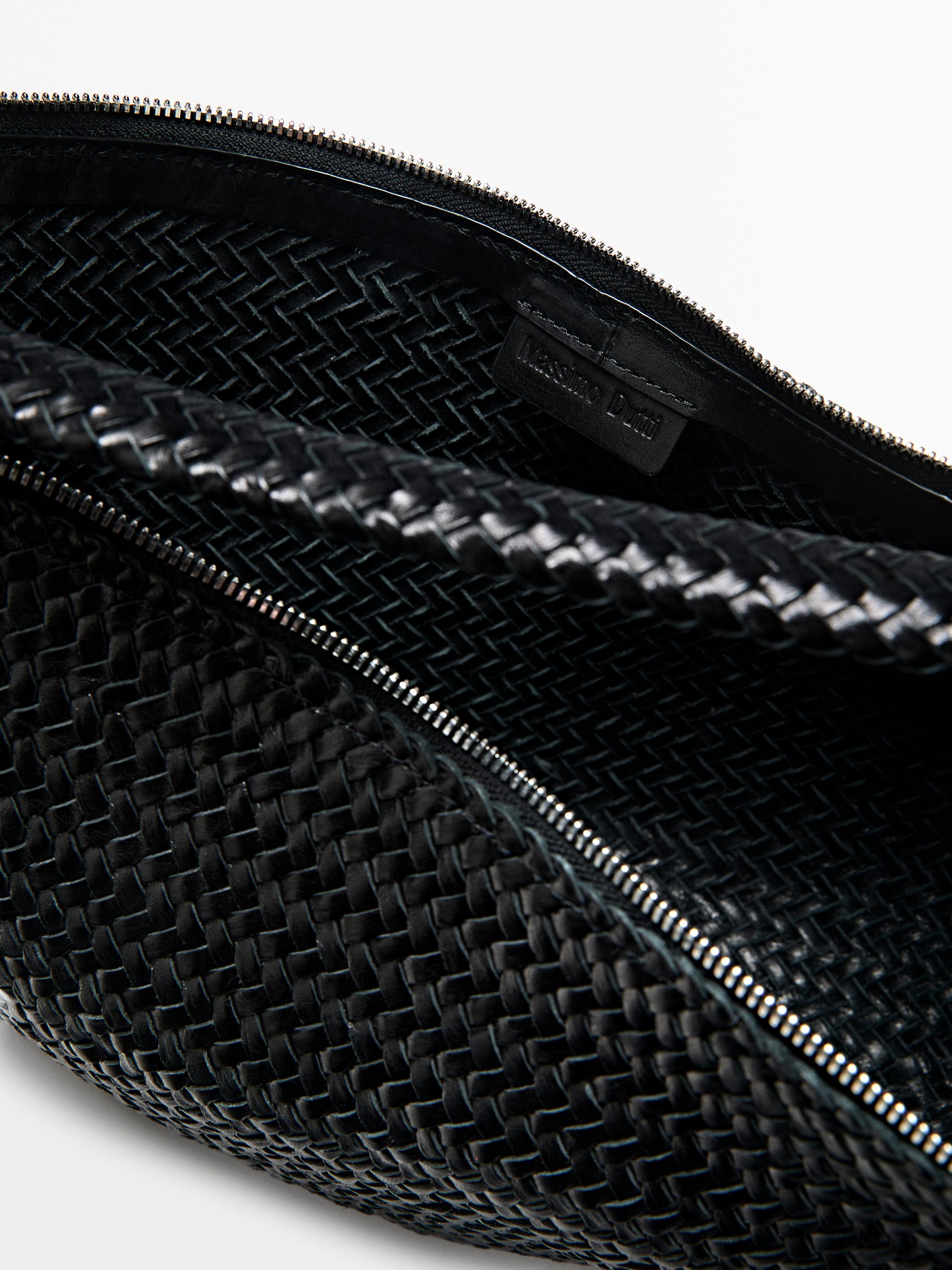 Braided leather half-moon bag — BLACK