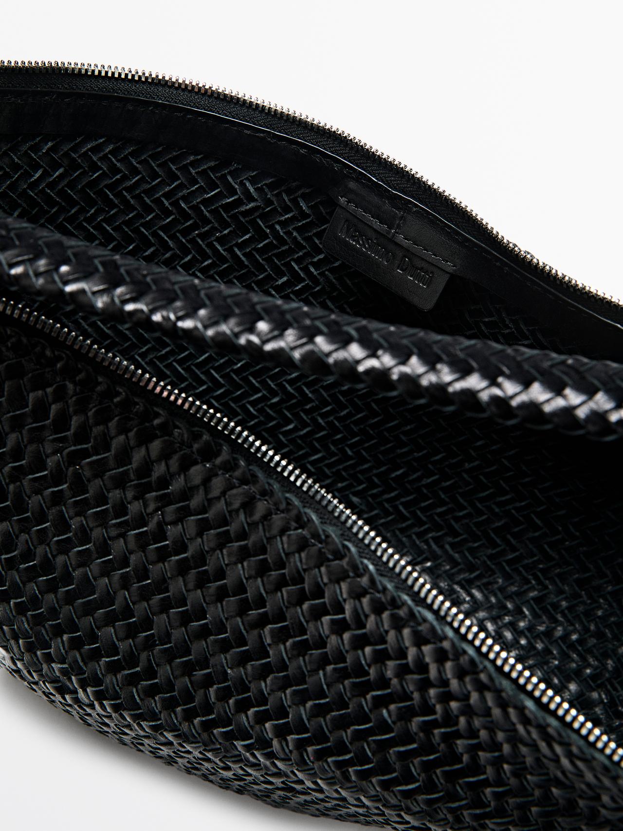 Braided leather half-moon bag — BLACK