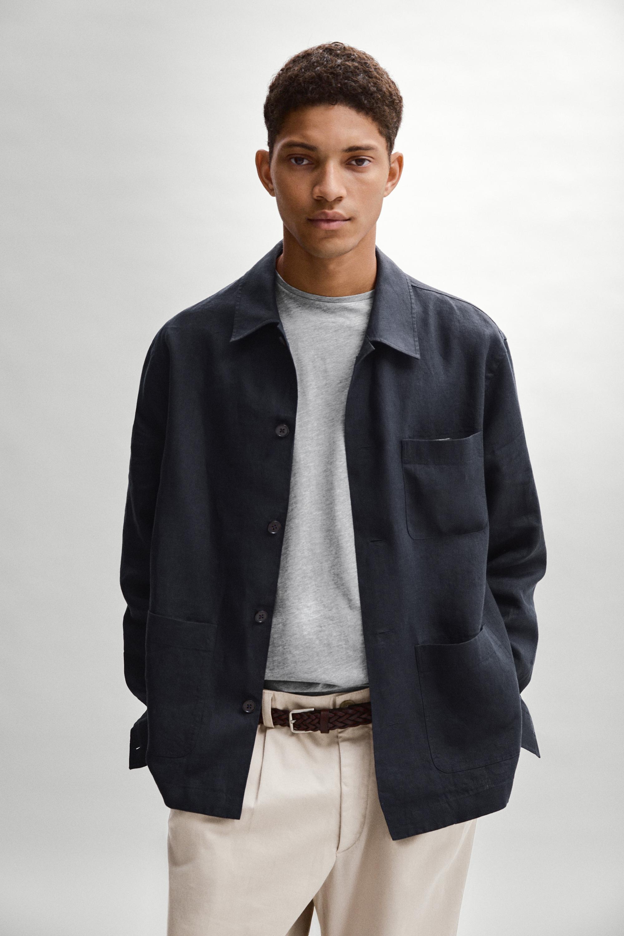 Linen total look overshirt with pocket details — NAVY BLUE
