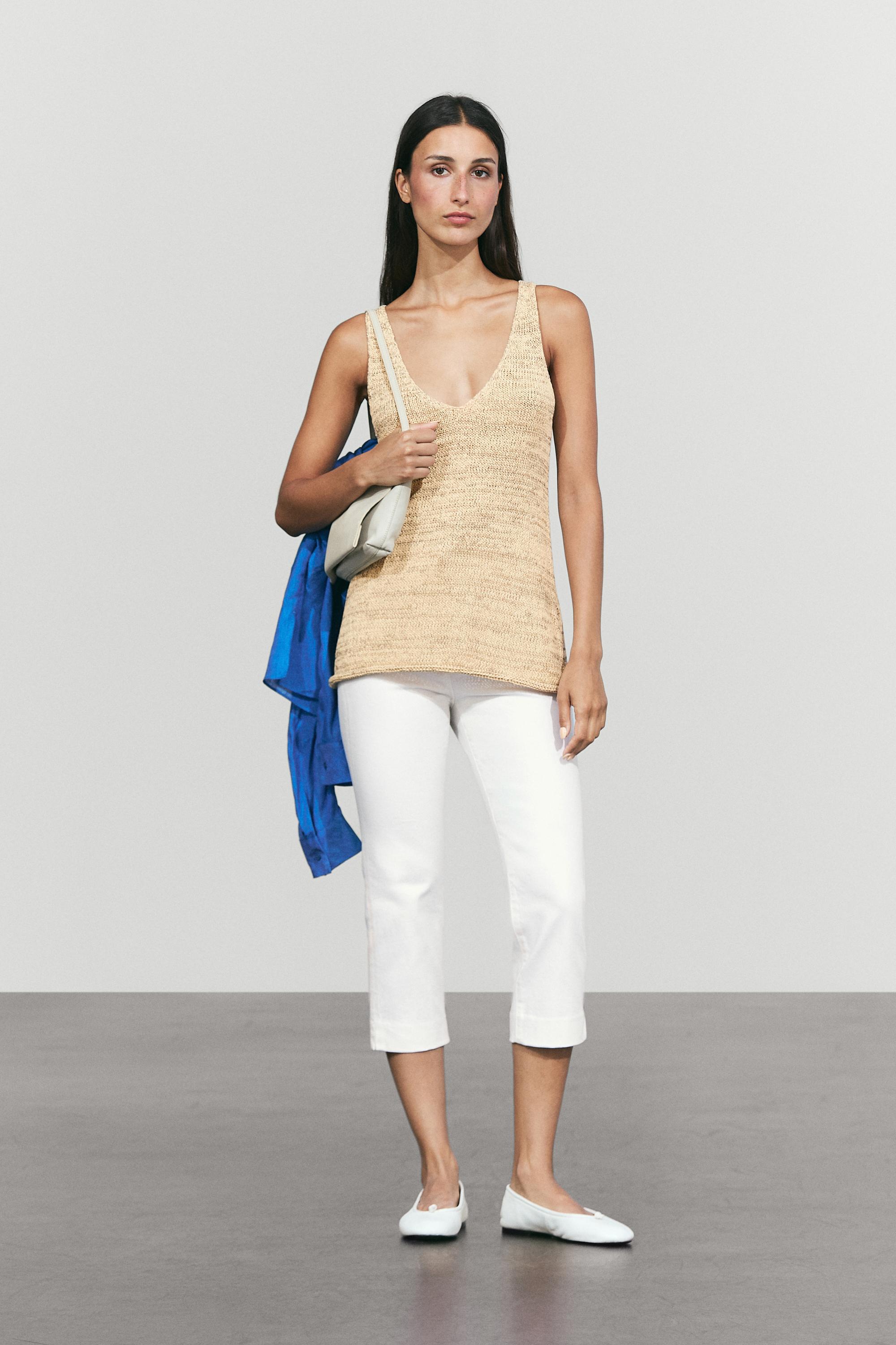 Melange cotton blend knit top — Beige