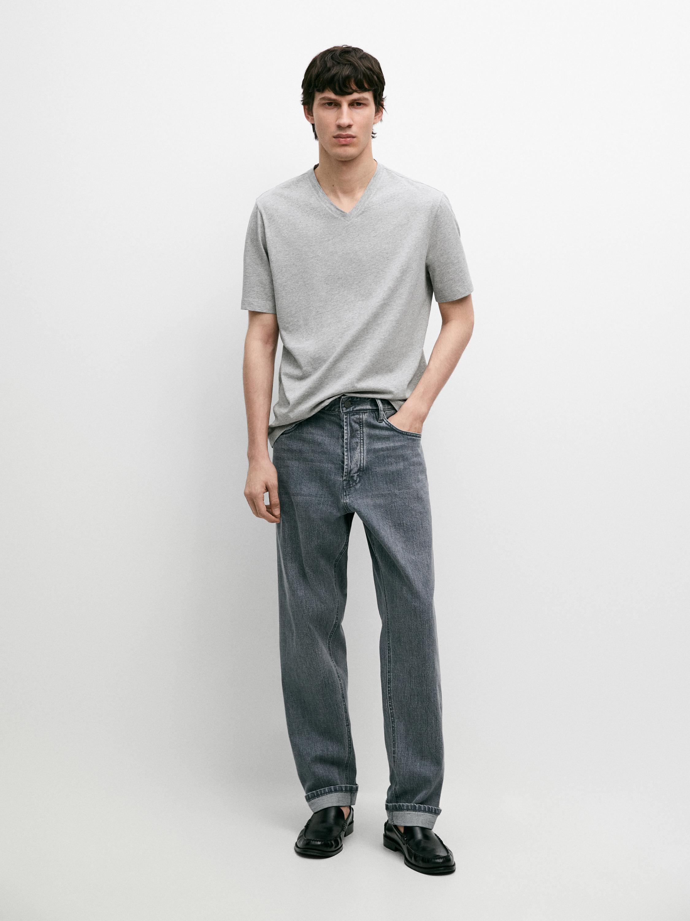 100% cotton V-neck T-shirt — GREY MARL