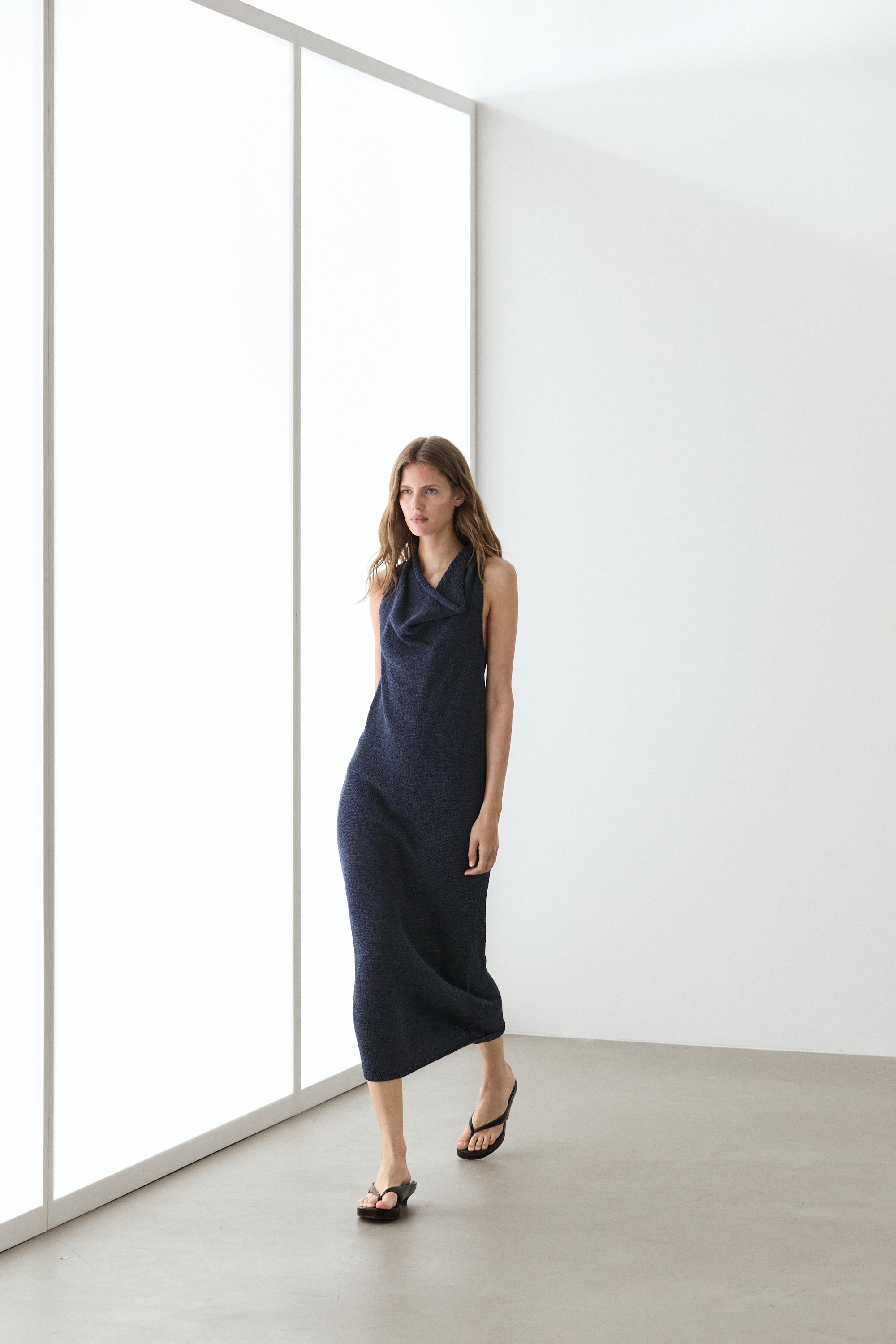 Knit midi dress with draped neckline — Dark Blue