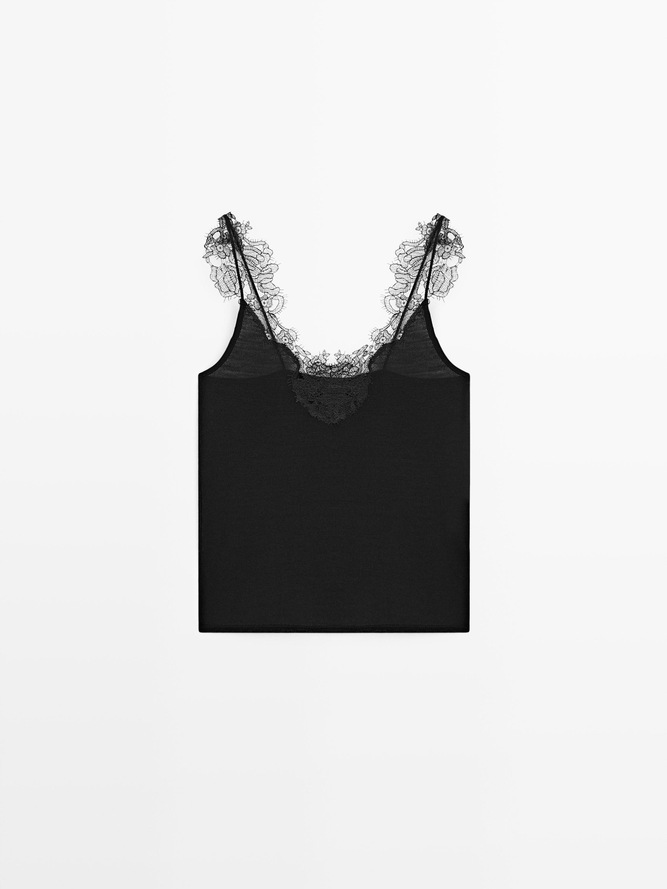 Strappy knit top with lace trim detail