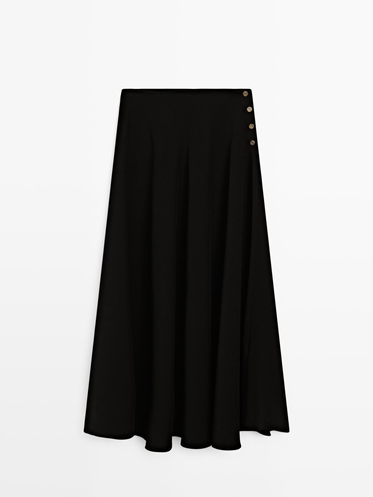Massimo Dutti - Dames - Lange Klokkende Rok Met Knopen - Zwart - 42
