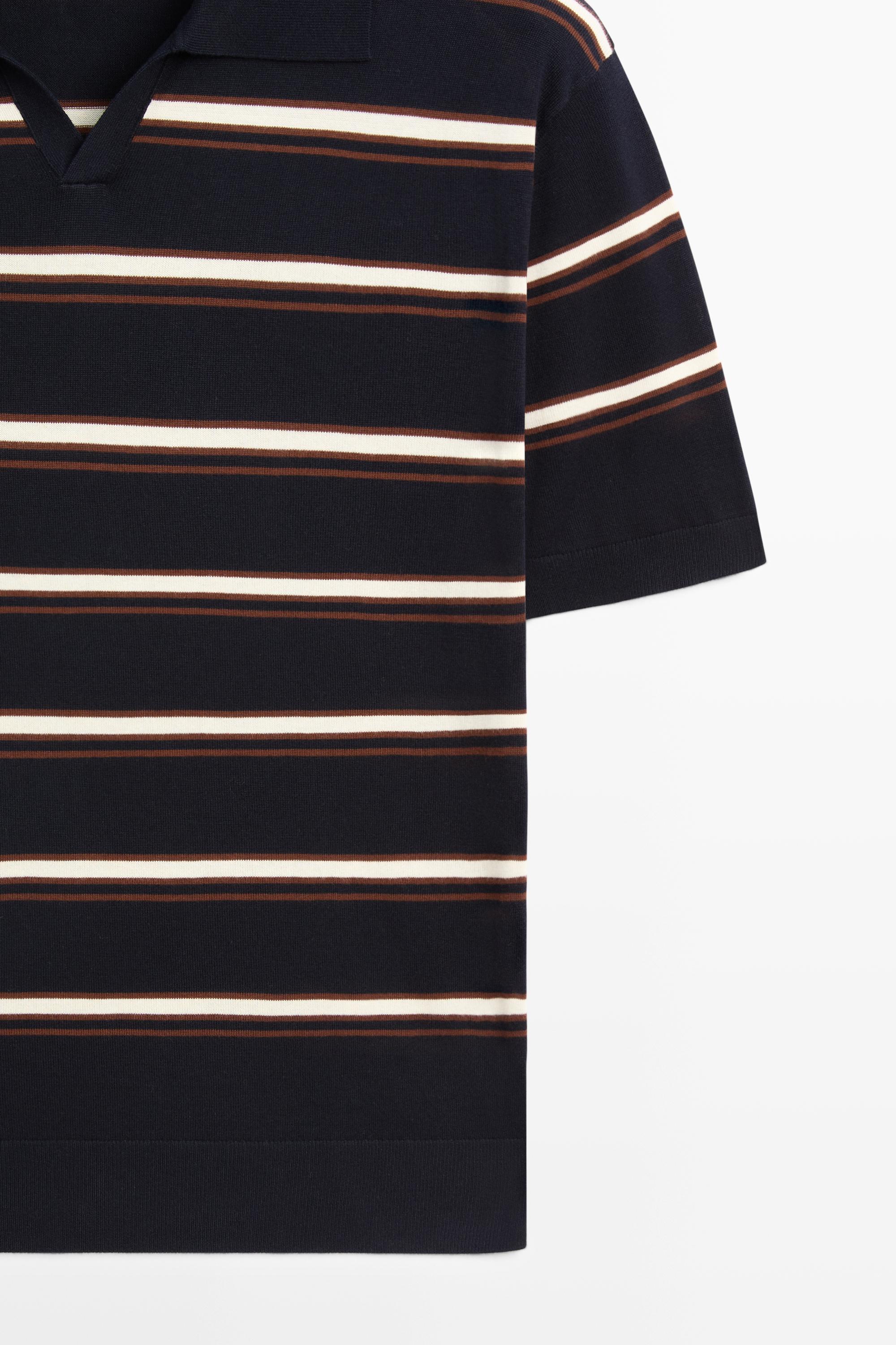 Striped V-neck knit polo shirt — NAVY BLUE