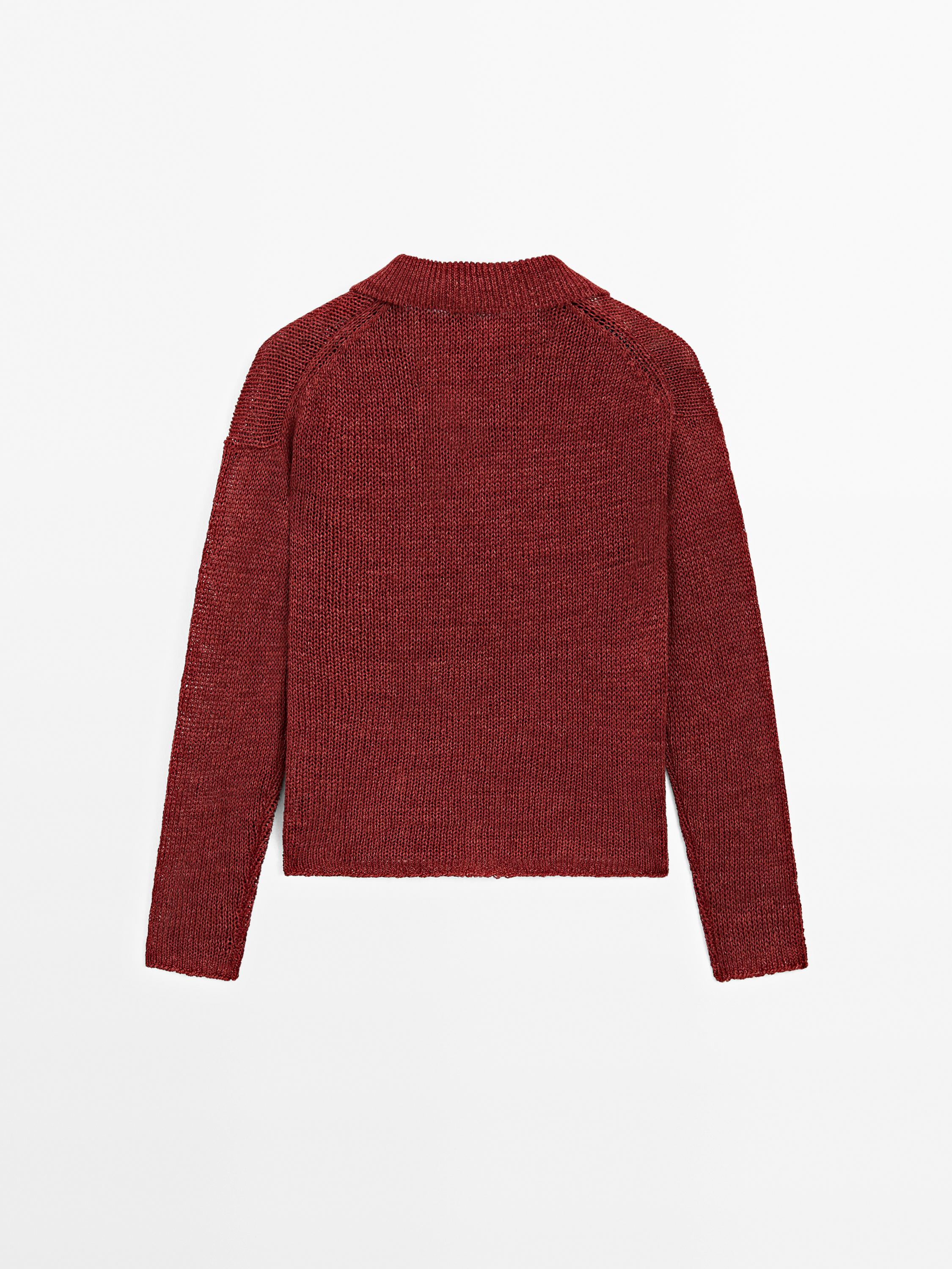 100% linen knit polo collar sweater