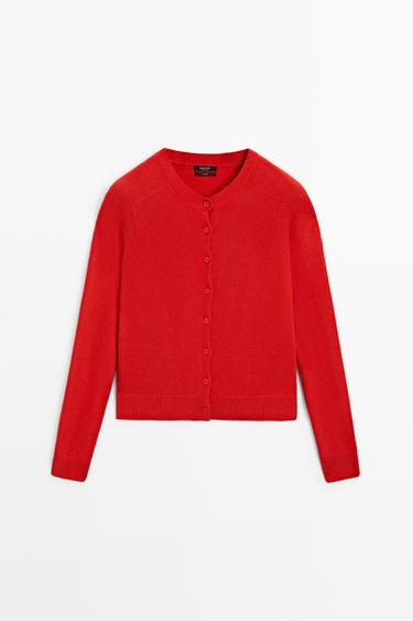 100% cashmere cropped knit cardigan — RED 2