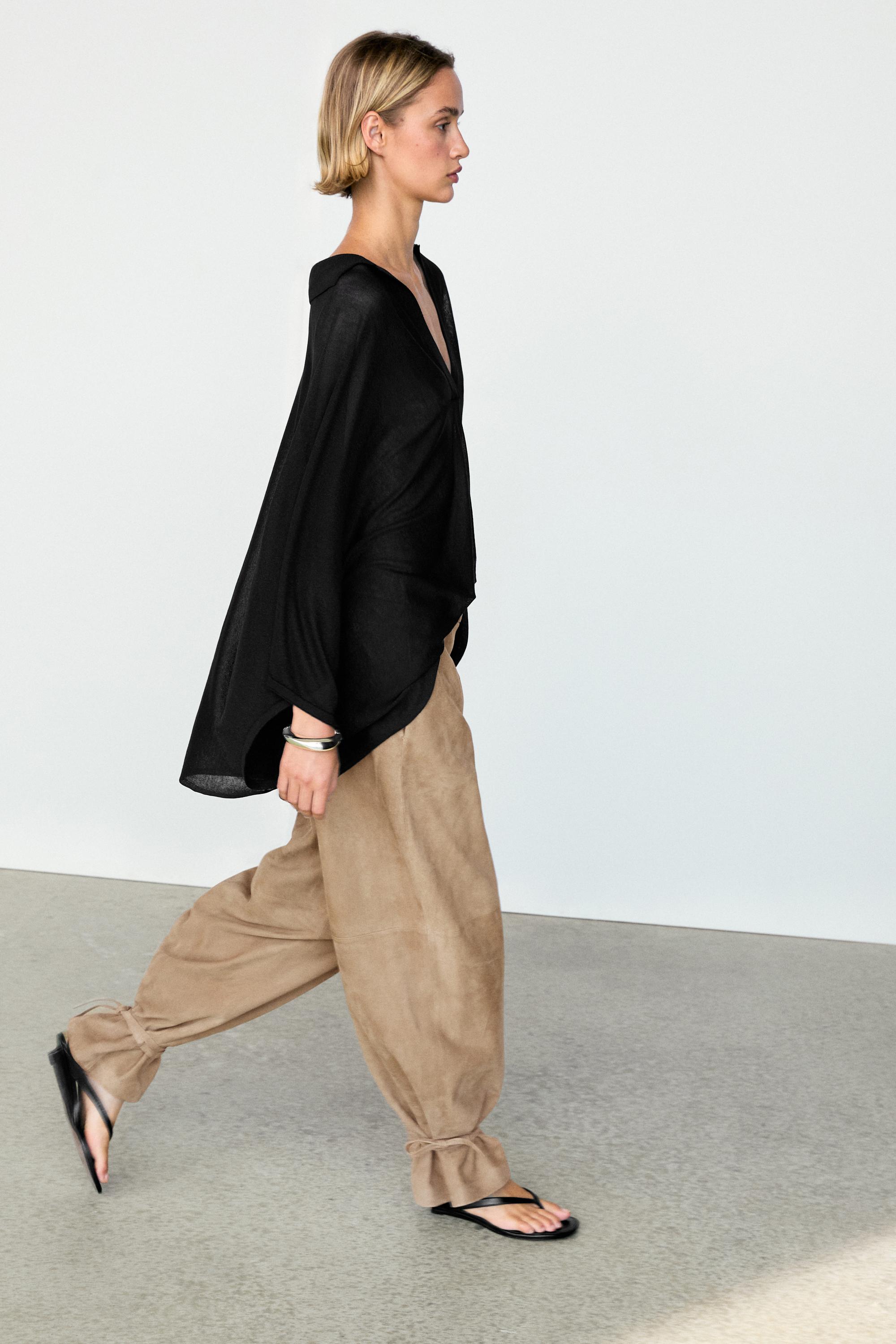 Metallic detail polo collar flowing cape — BLACK