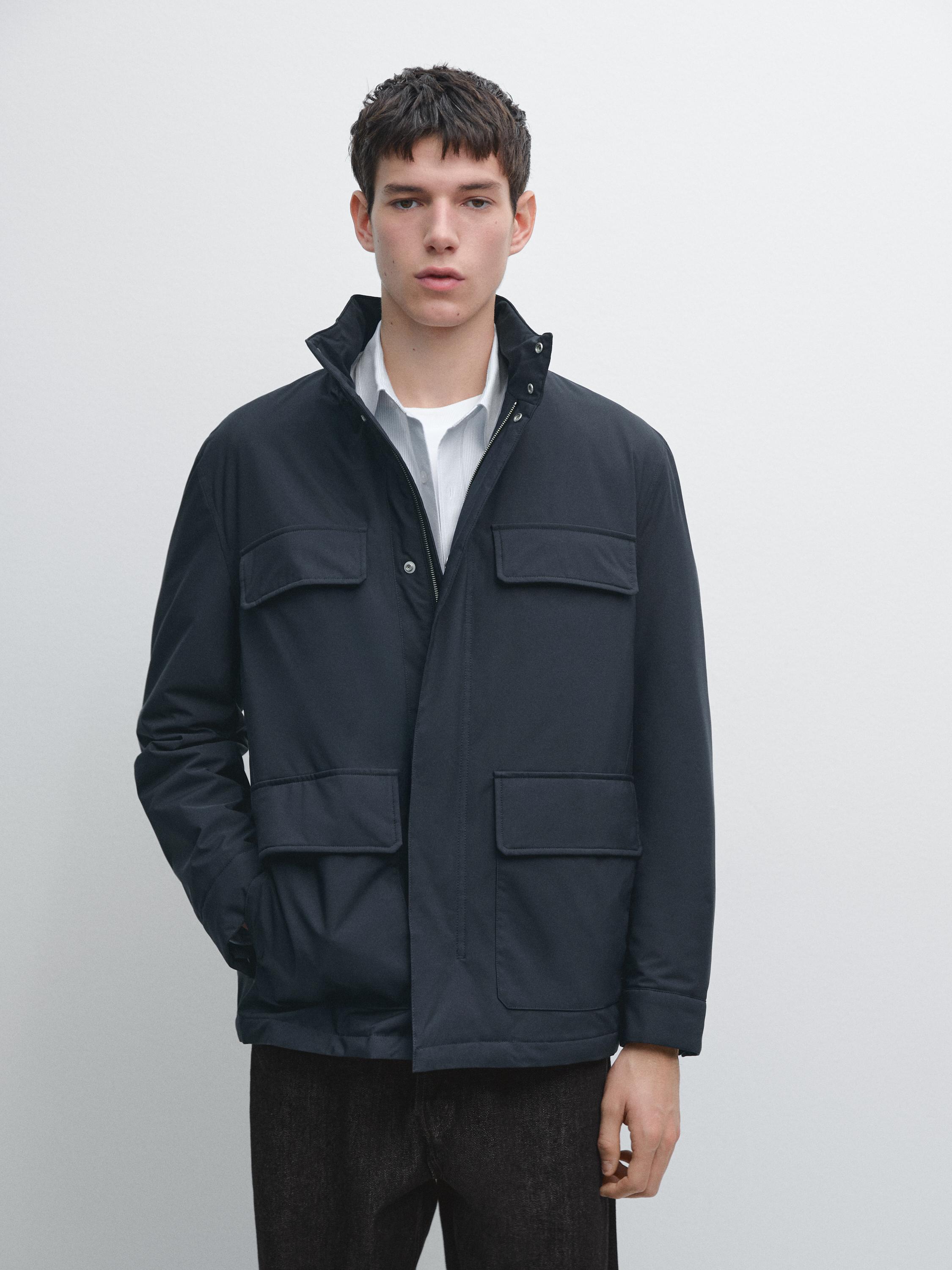 Water-repellent puffer jacket with pockets — NAVY BLUE