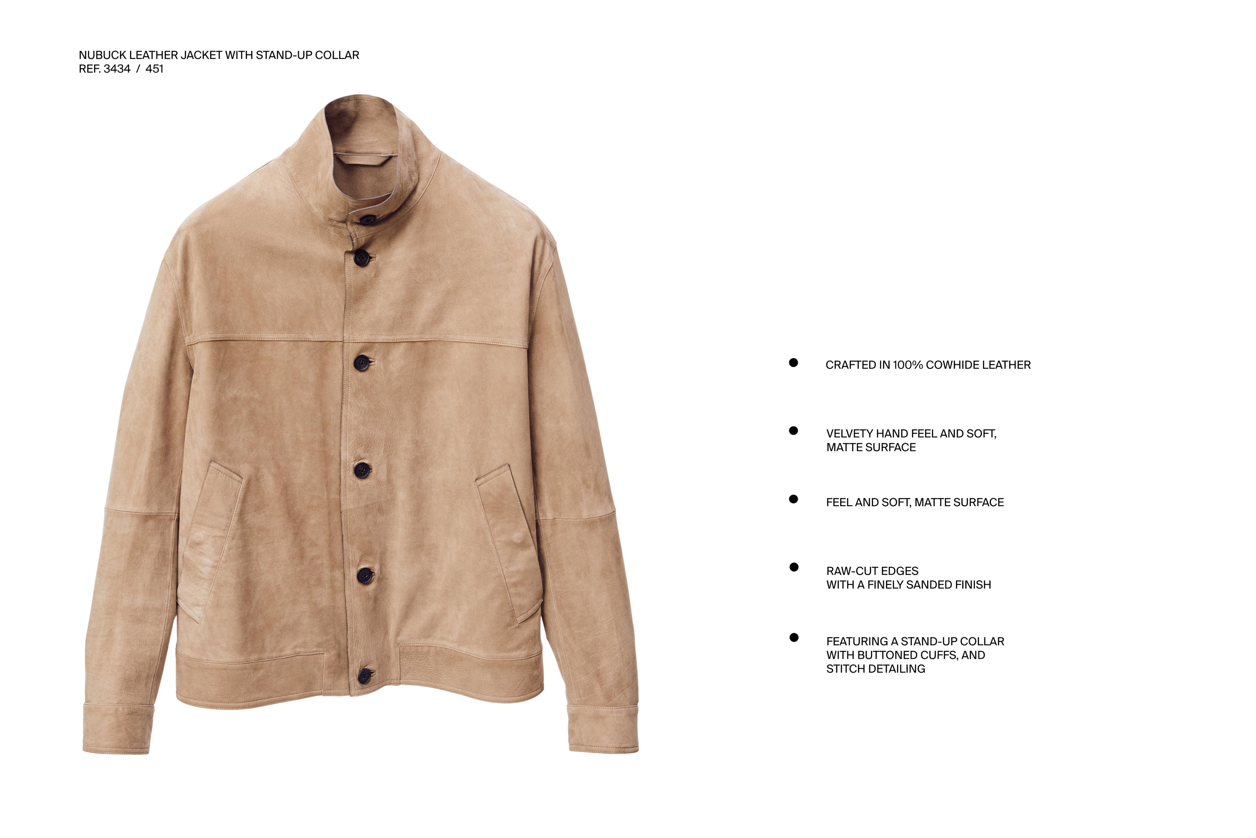 Nubuck leather jacket with stand-up collar — BEIGE