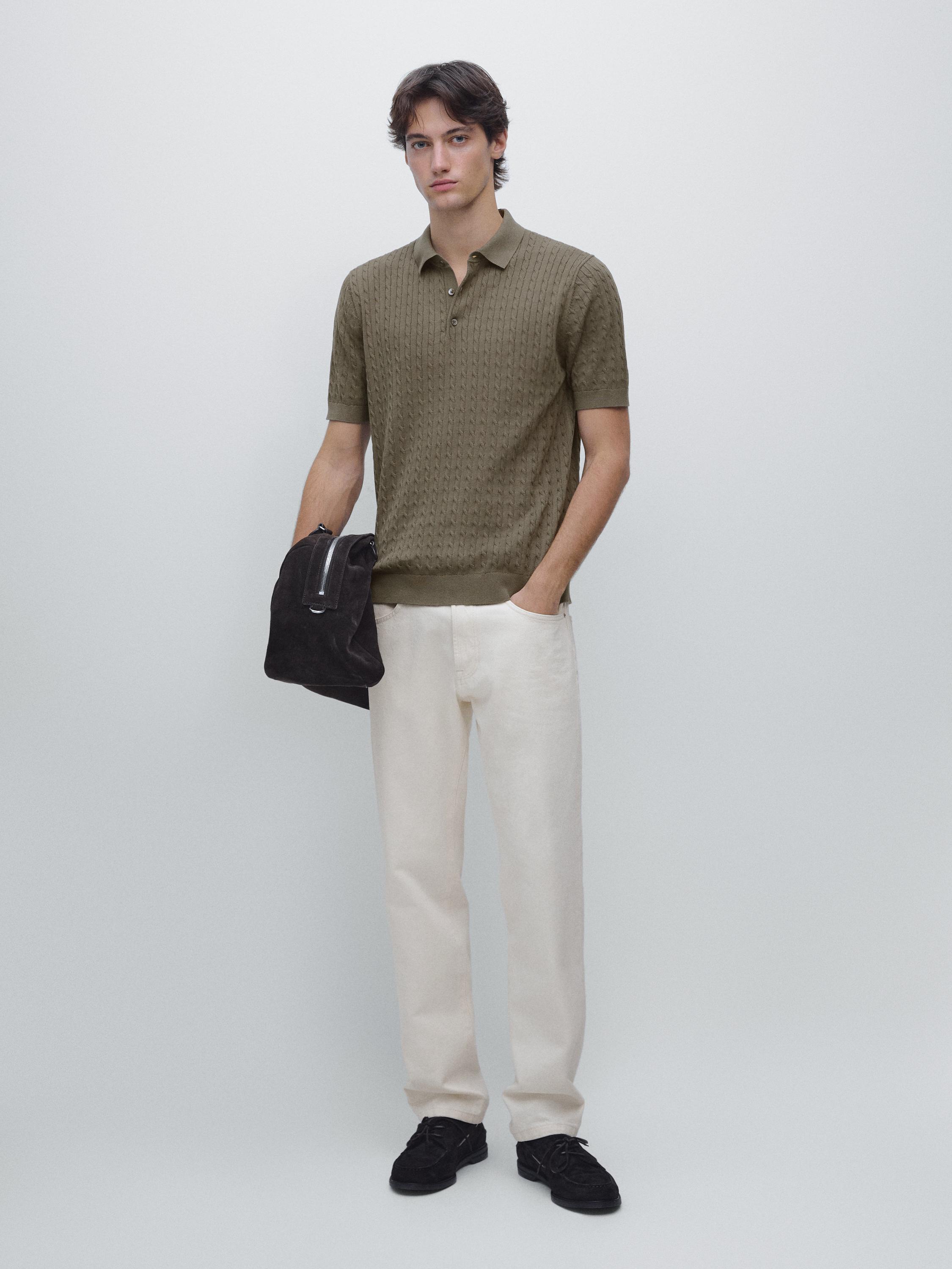 100% cotton cable-knit polo shirt — Khaki