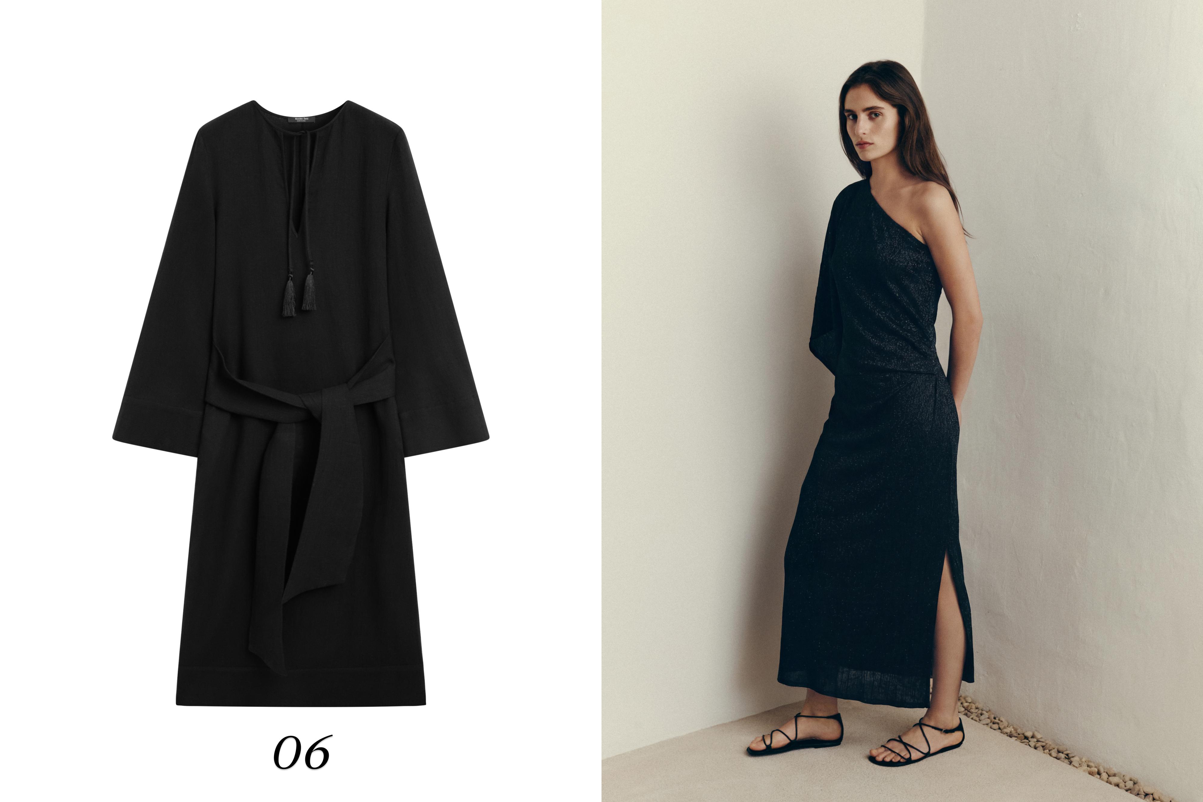 Linen midi dress with asymmetric sleeves — BLACK