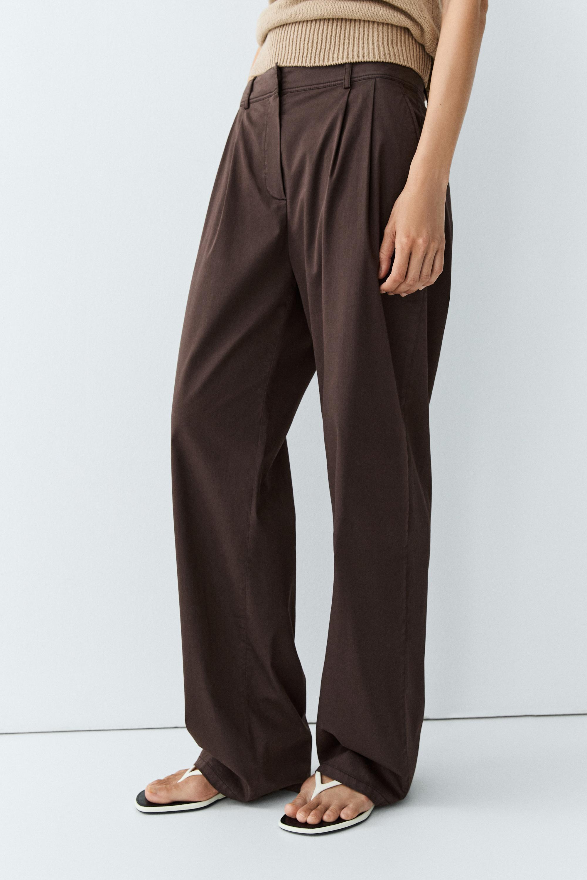 Cotton blend poplin pleated pants
