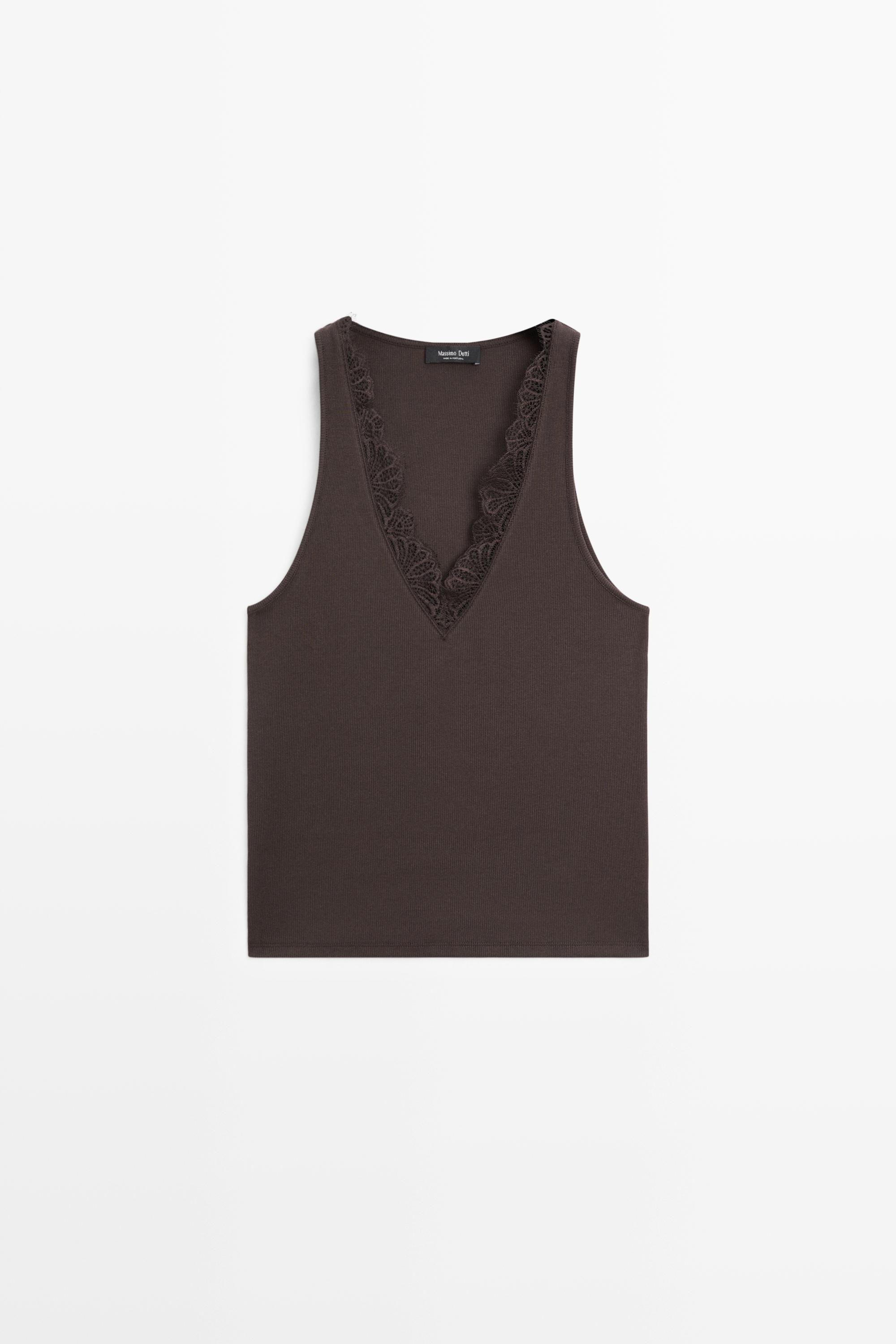 V-neck top with lace detail — BROWN