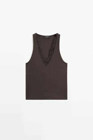 V-neck top with lace detail — BROWN 2