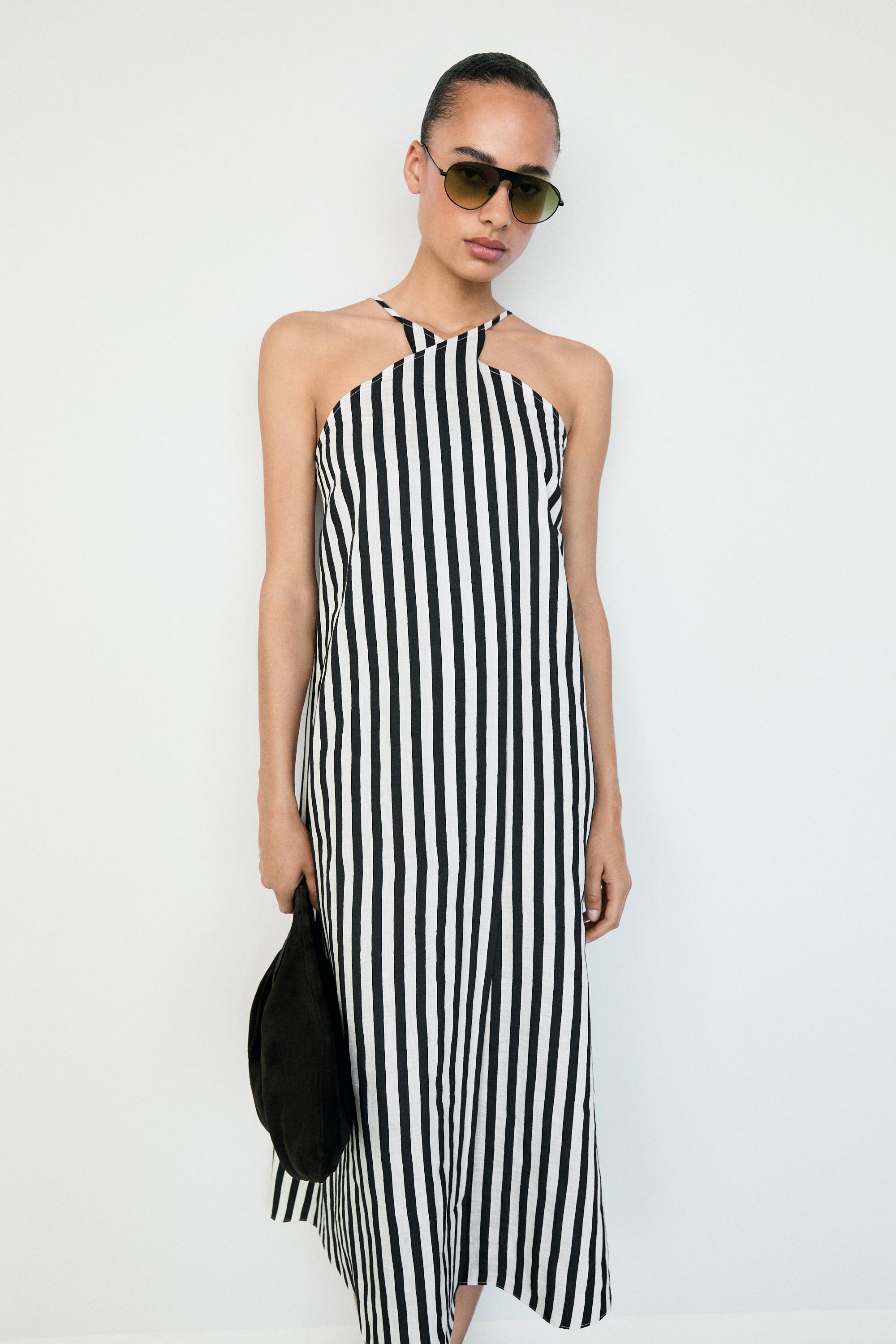 Striped midi dress with crisscross straps — BLACK