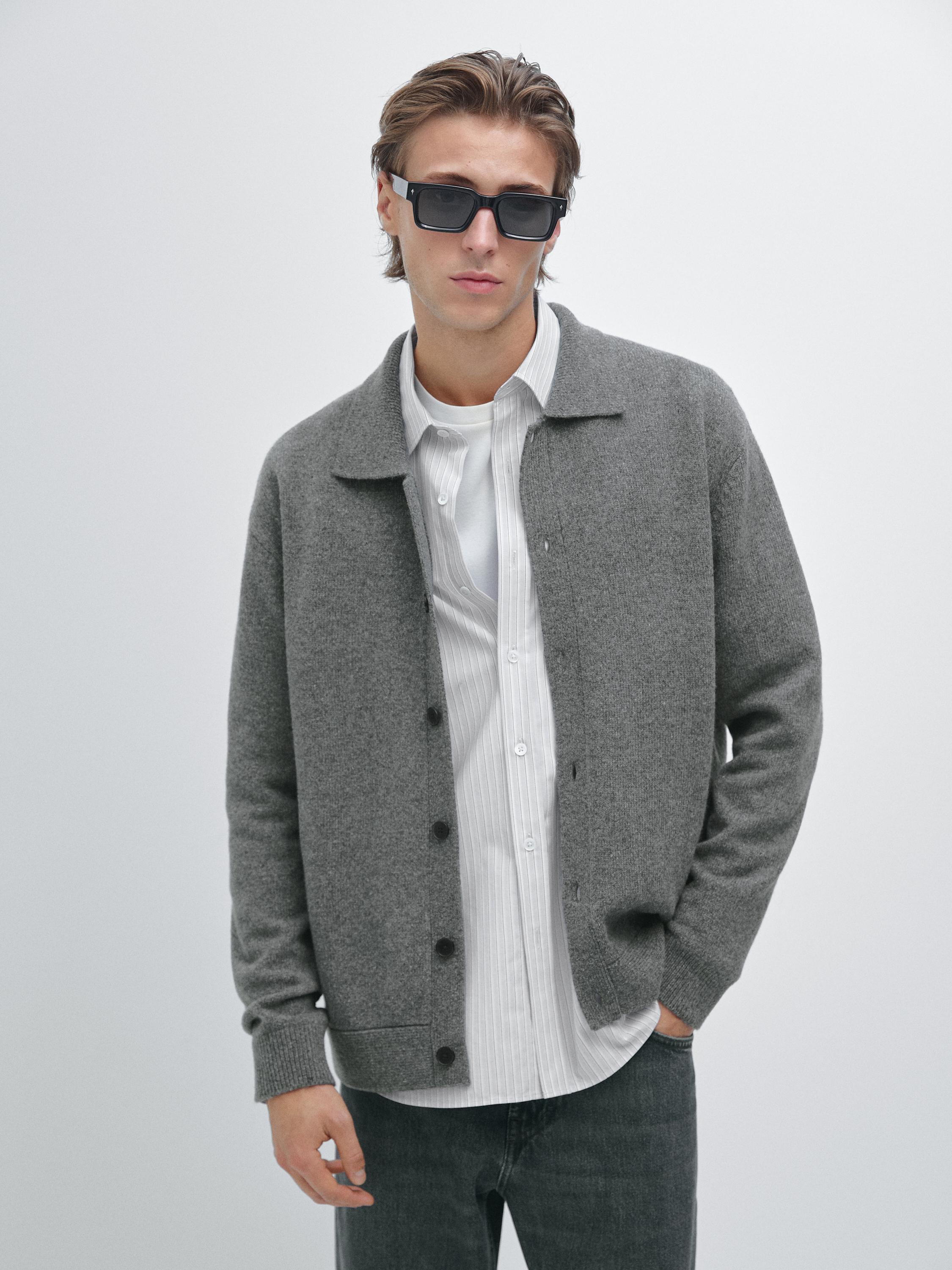 100% wool knit cardigan with polo collar