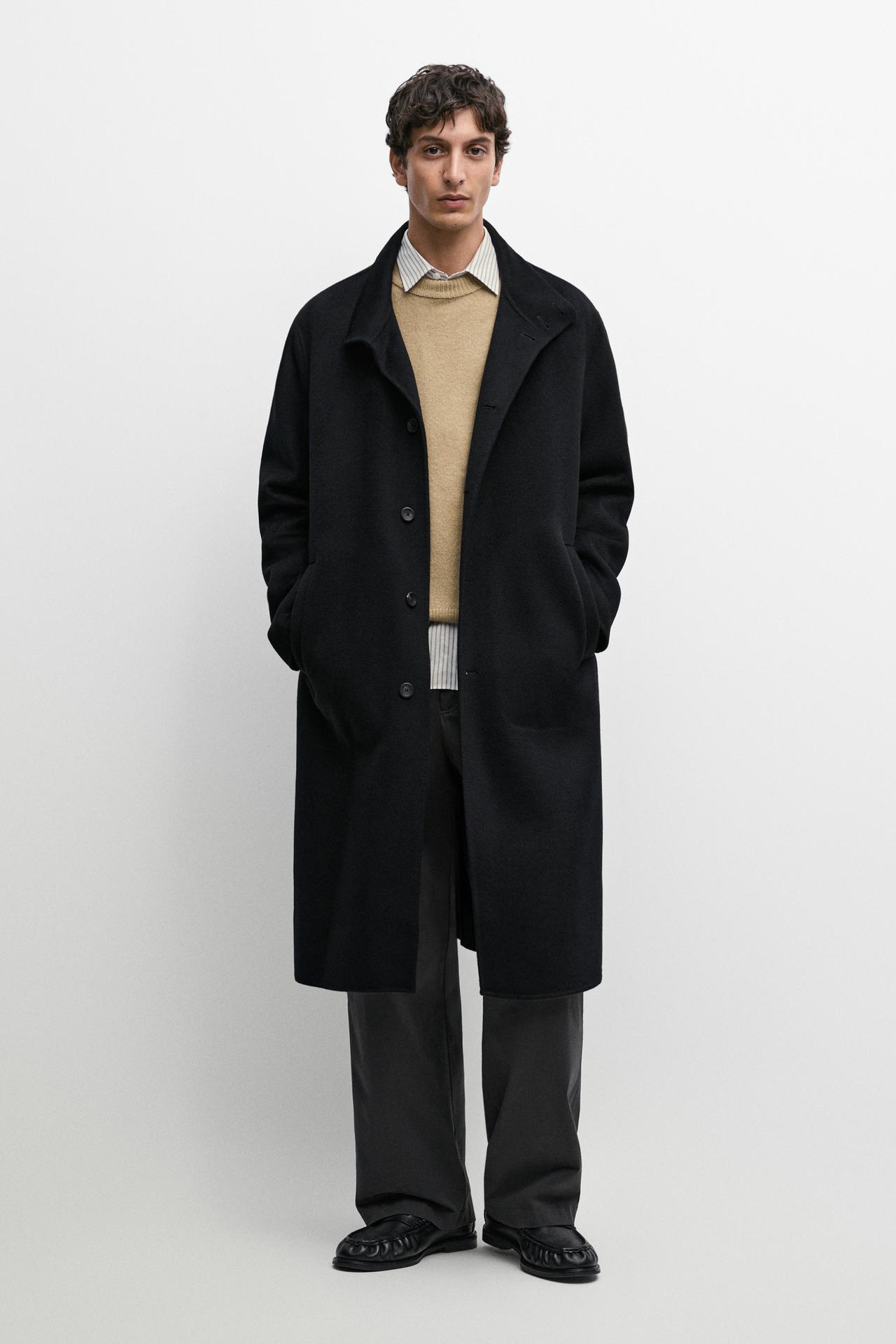 High neck wool blend coat — BLACK