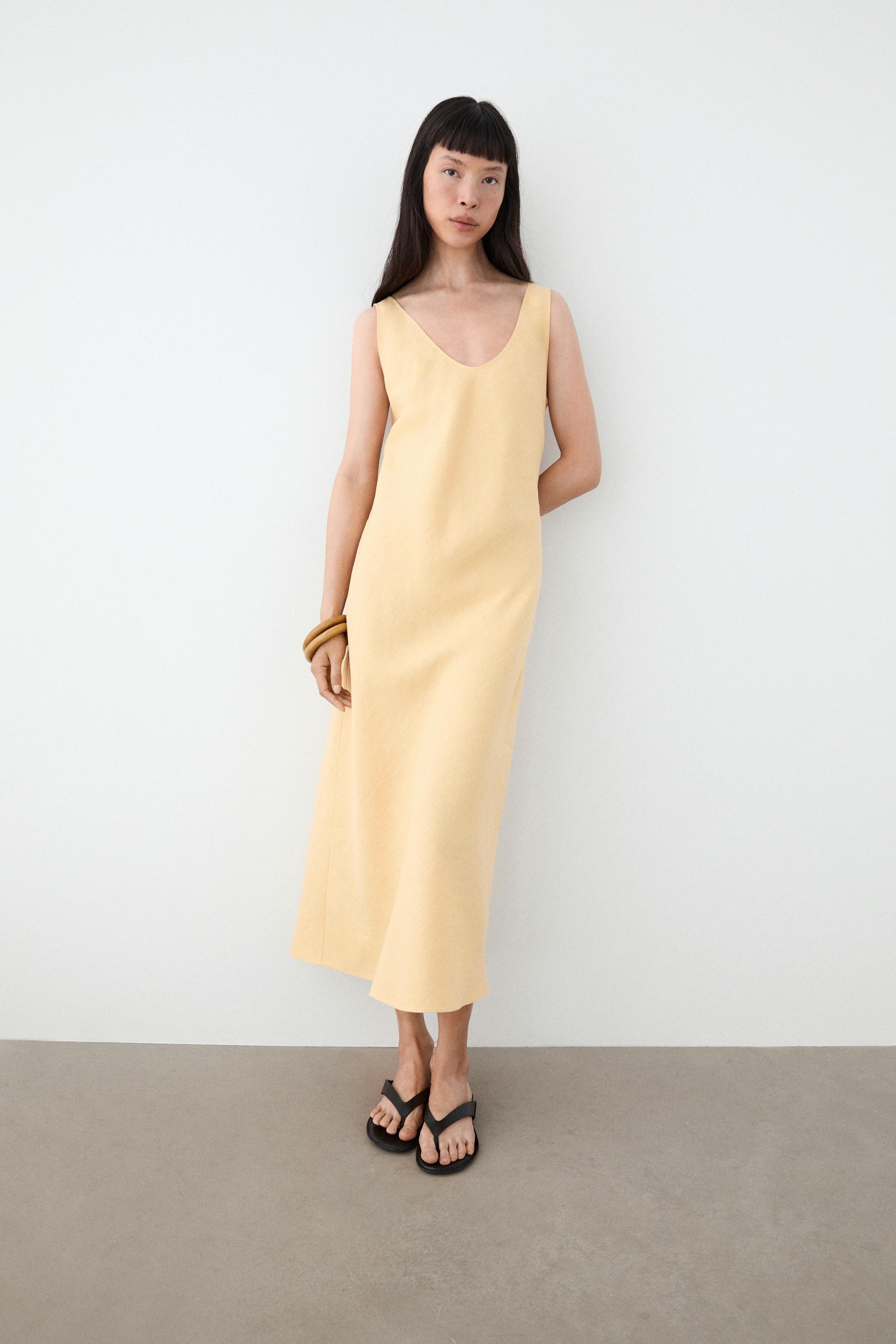 100% linen strappy midi dress — YELLOW