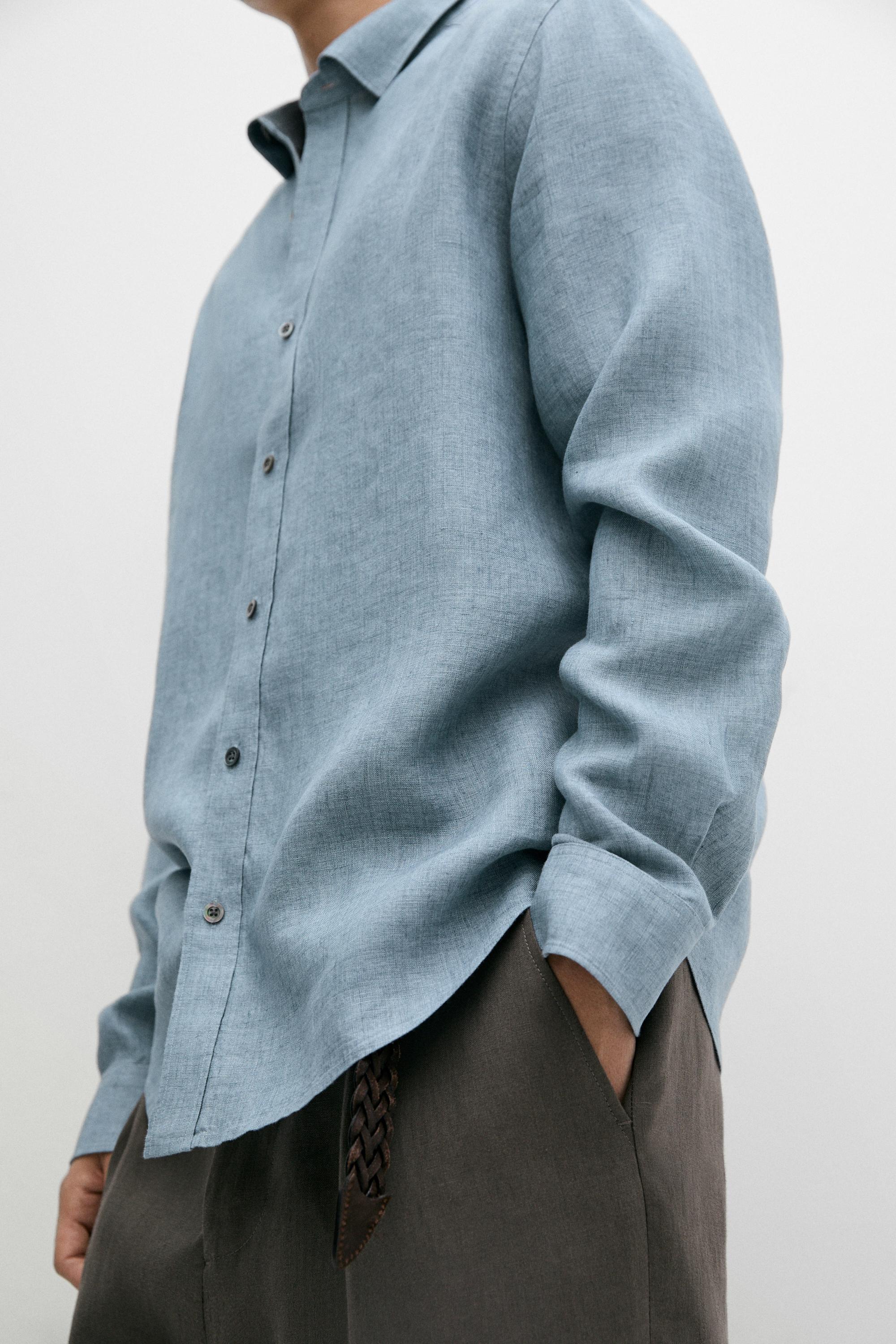 Regular fit 100% linen delavé shirt — DEEP BLUE
