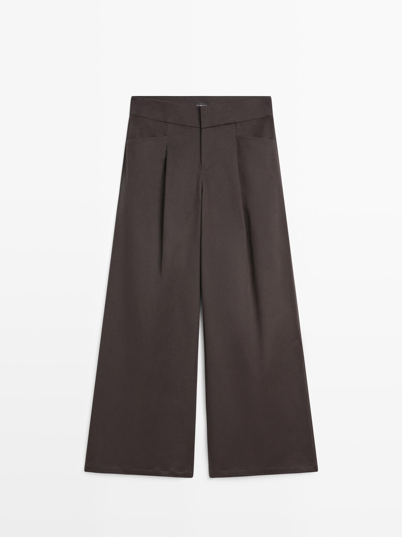 Massimo Dutti - Dame - Wide Leg Bukser Med Læg - Chokolade - 44