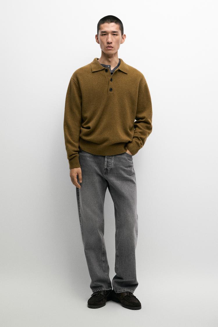 100% wool knit polo sweater with button detail — FADED GREEN