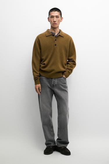 100% wool knit polo sweater with button detail — FADED GREEN 1