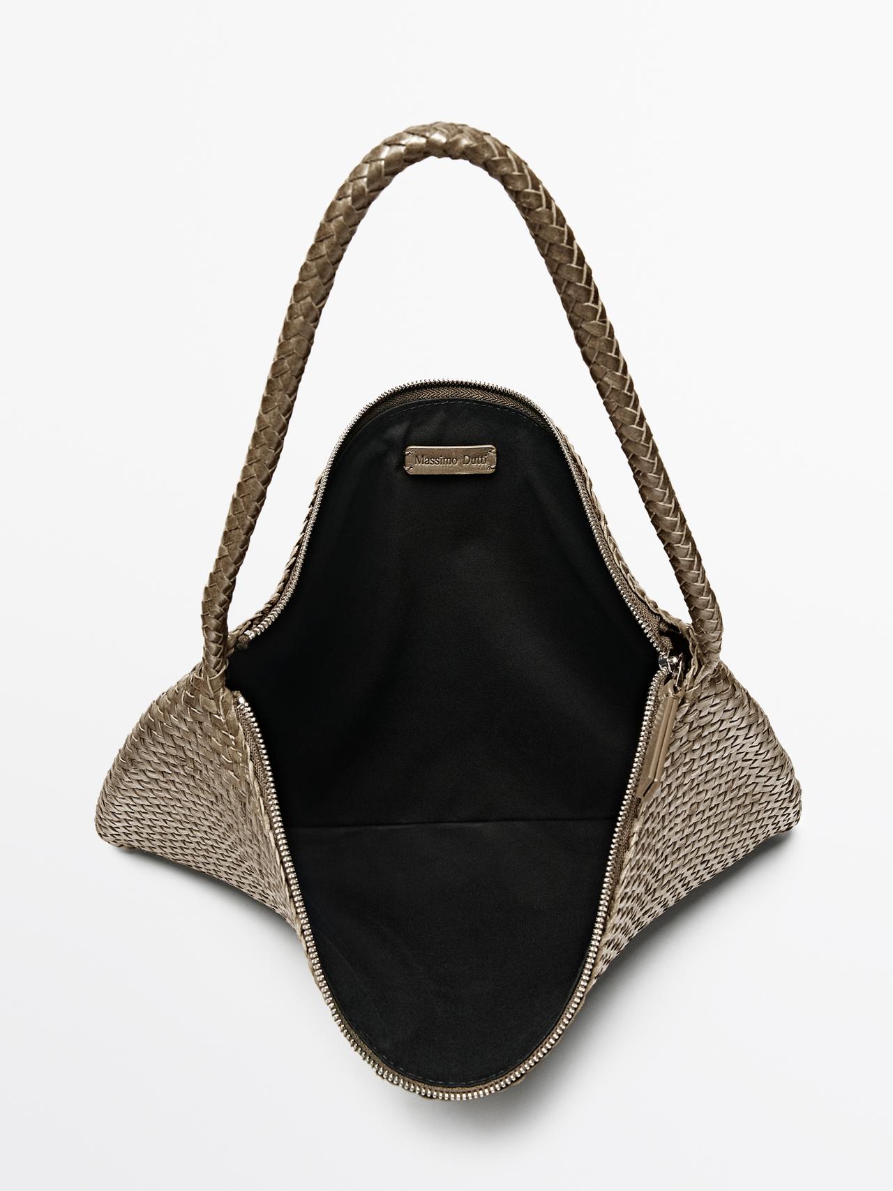 Mid-sized braided leather shoulder bag — KHAKI